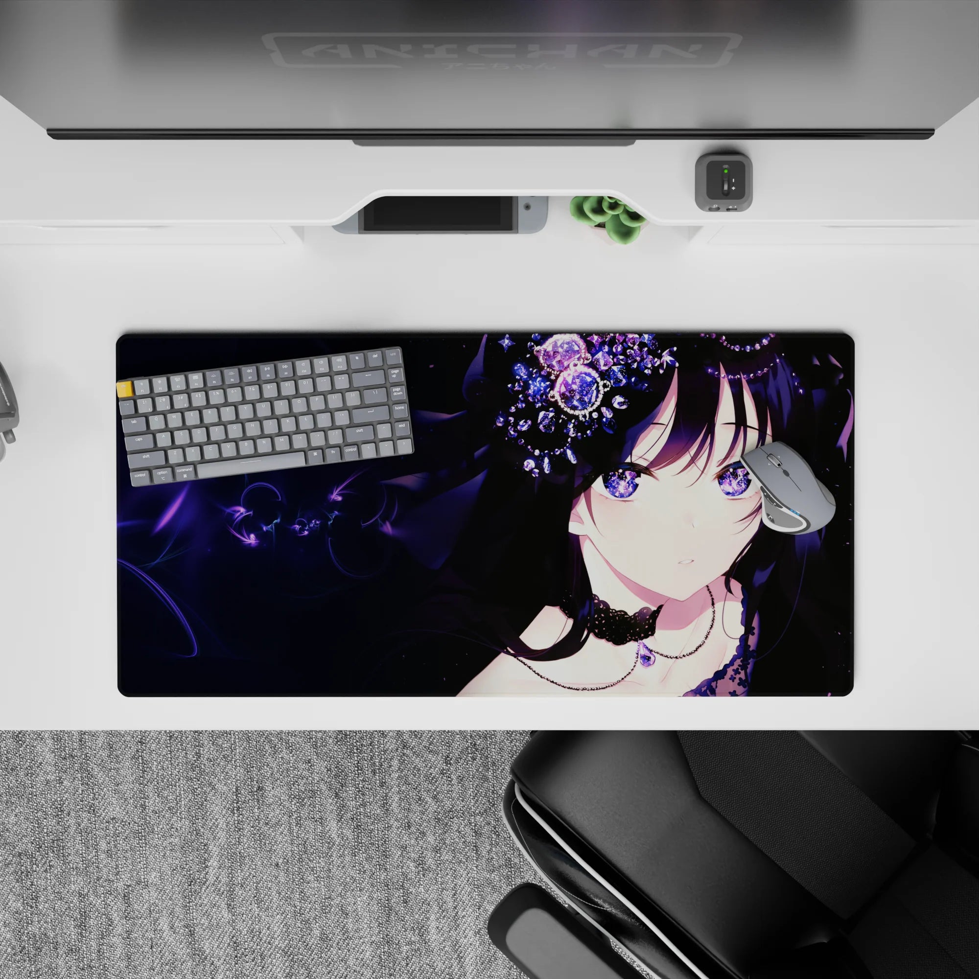 Galaxy-purple eyes on a 32x16 inches anime mouse pad with violet glow, star specks, midnight vibe.