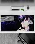 Galaxy-purple eyes on a 32x16 inches anime mouse pad with violet glow, star specks, midnight vibe.
