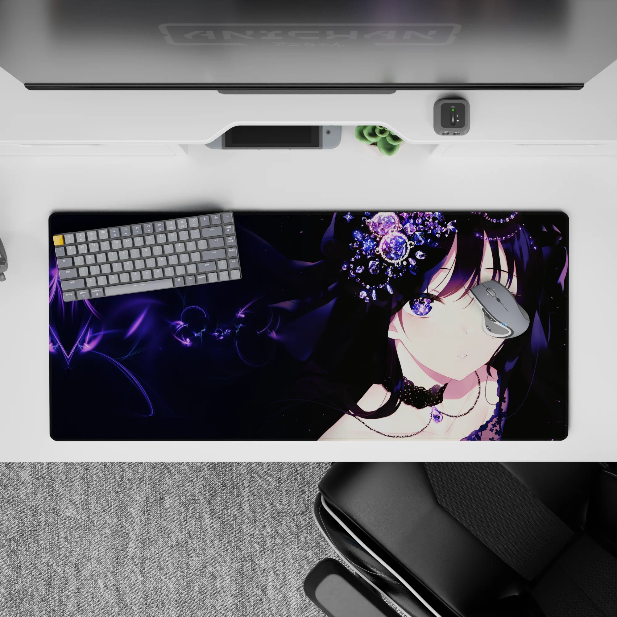 Galaxy-purple eyes and violet night-sky vibe anime desk pad 36x16 inches with soft gradients and stars.