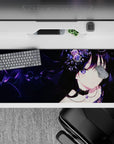 Galaxy-purple eyes and violet night-sky vibe anime desk pad 36x16 inches with soft gradients and stars.
