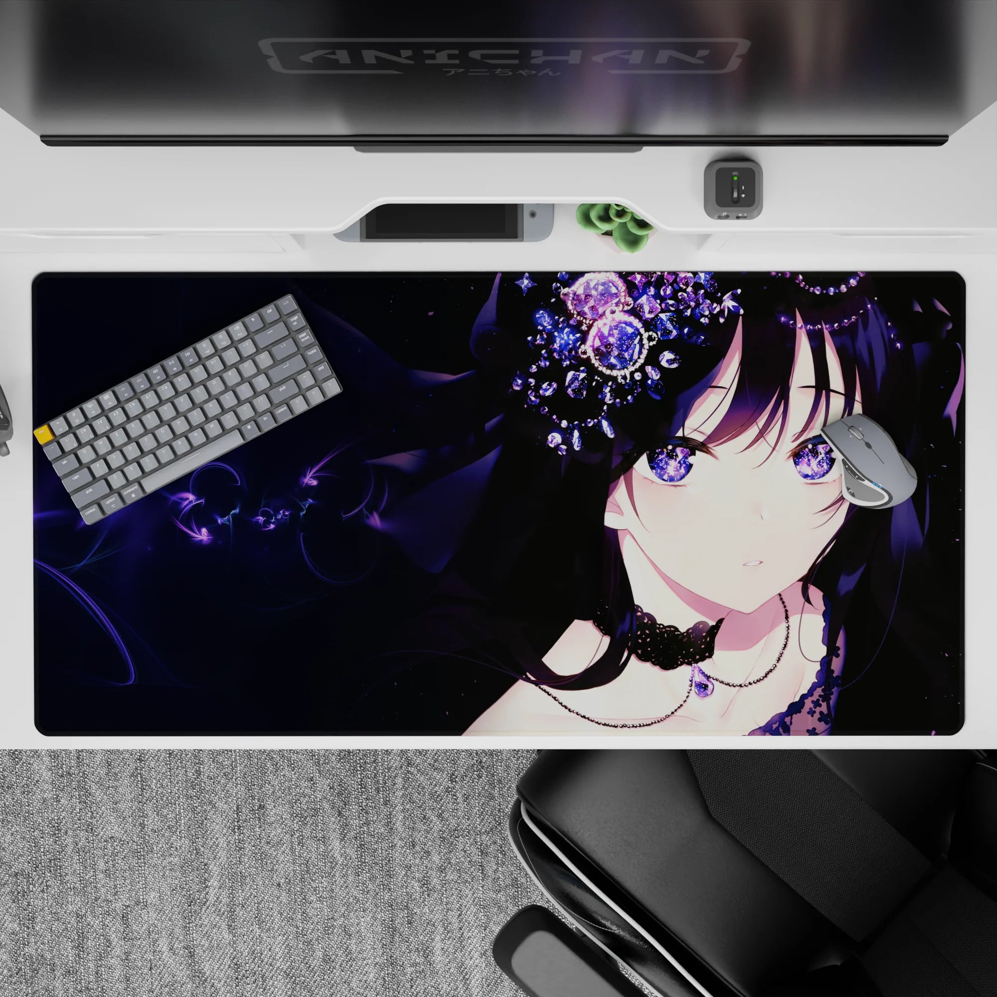 Galaxy-purple eyes and midnight star-speckled vibe anime desk pad 40x20 inches in violet gradients.