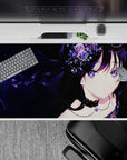 Galaxy-purple eyes and midnight star-speckled vibe anime desk pad 40x20 inches in violet gradients.