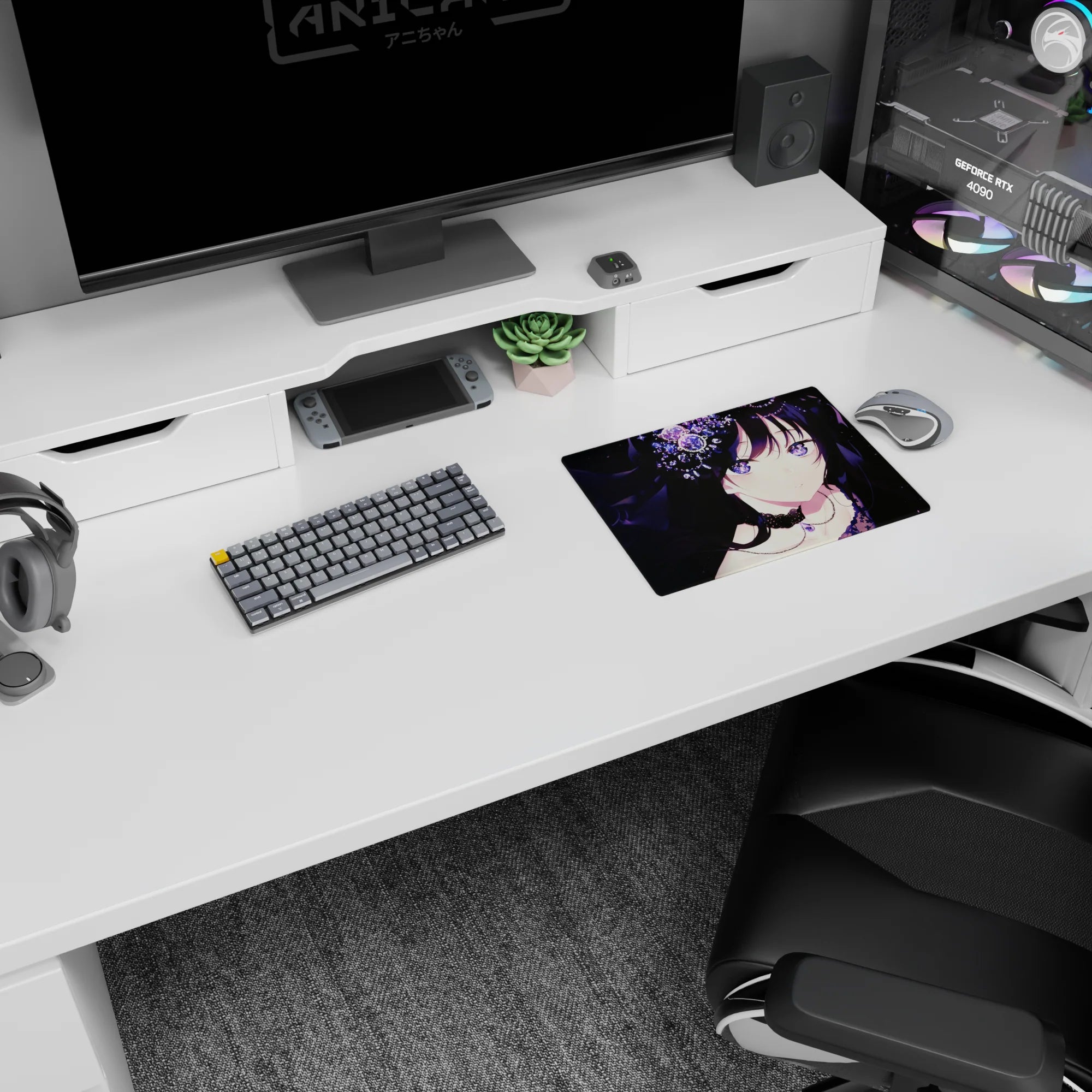 Dark-haired anime girl with purple galaxy eyes in black lace on mouse pad 14x10 inches beside crystals.