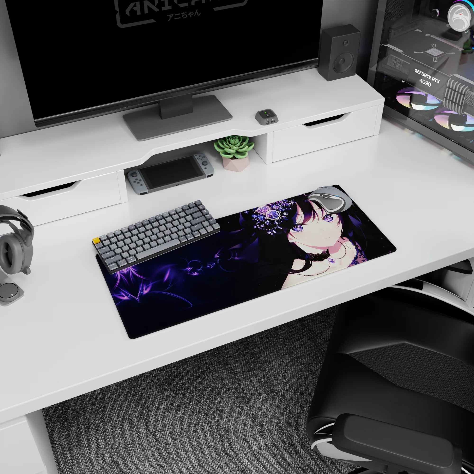 28x12 inches desk mouse pad featuring a dark-haired anime girl with purple galaxy eyes and lace outfit.
