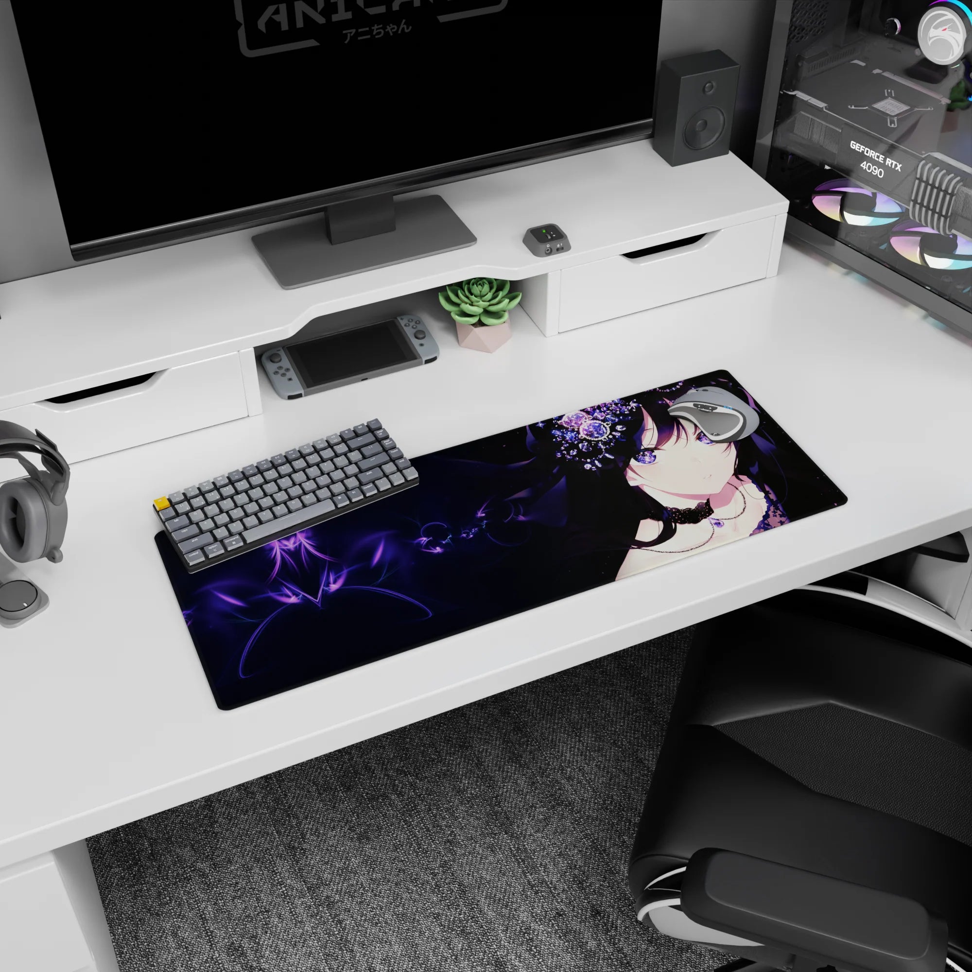 Dark-haired anime girl with violet eyes in black lace beside starry specks on 32x12 inches mouse pad.