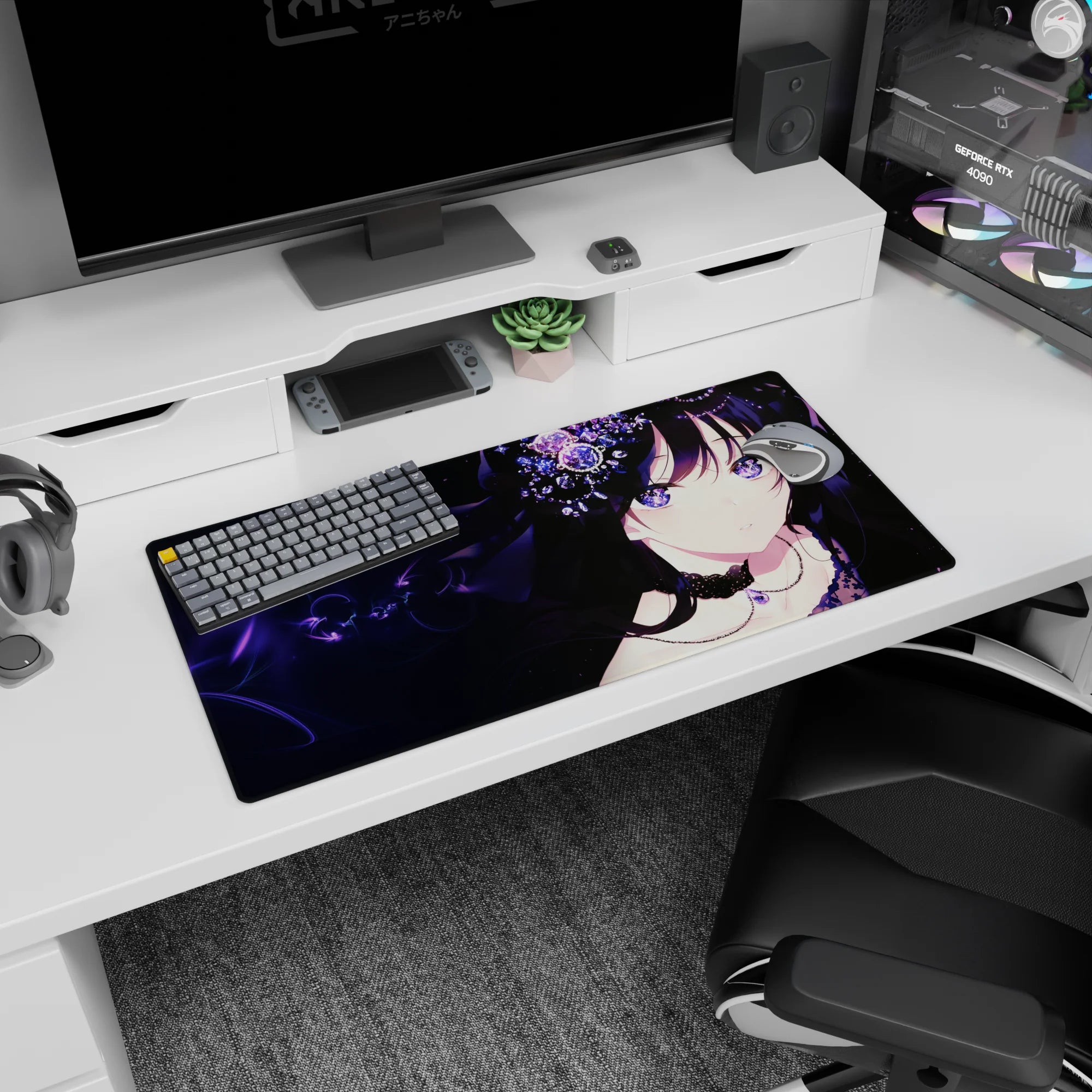 32x16 inches anime girl mouse pad showing a mysterious dark-haired girl with sparkling crystal blooms.