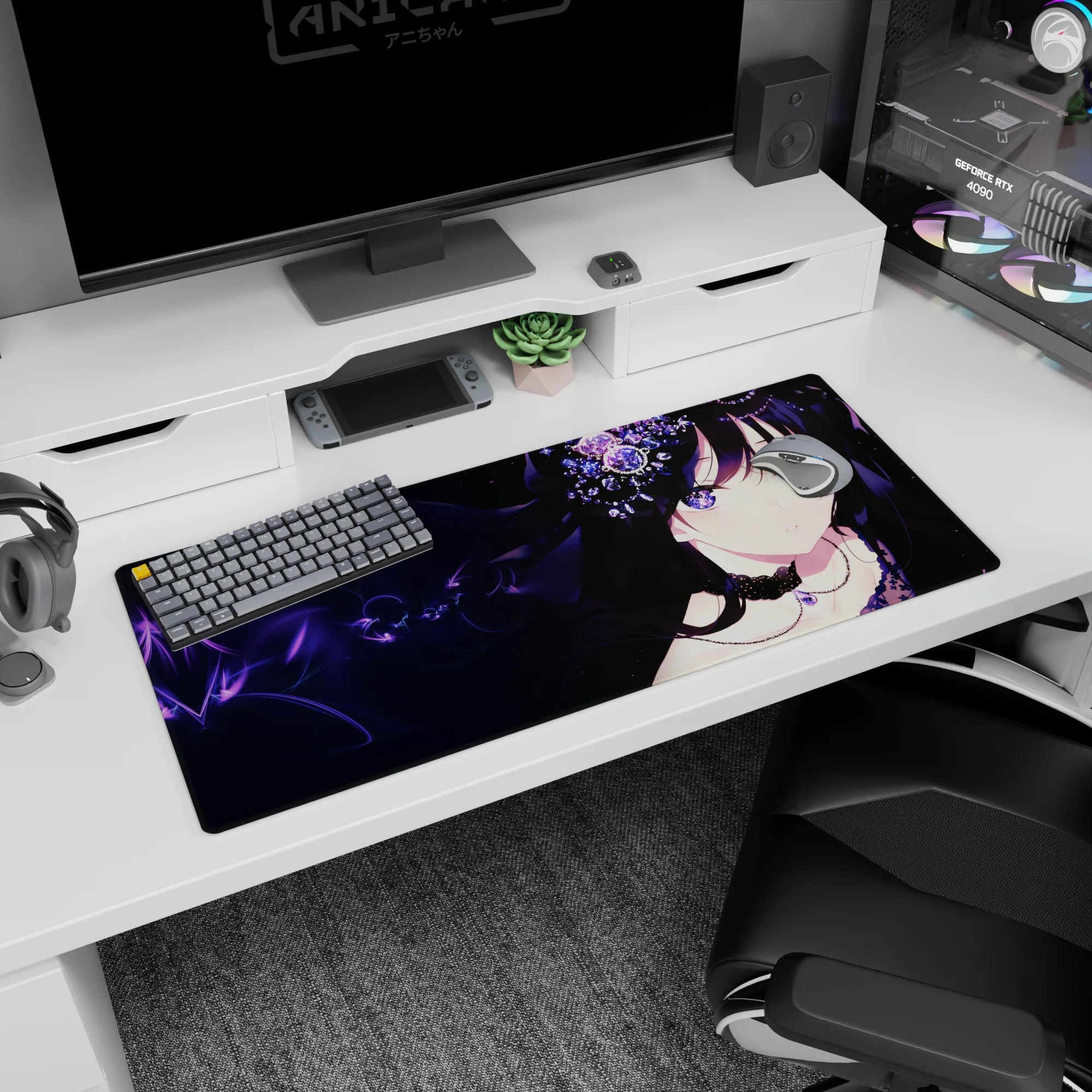 Dark-haired anime girl with sparkling crystal flowers and lace outfit on a desk pad, 36x16 inches.
