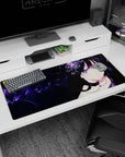 Dark-haired anime girl with sparkling crystal flowers and lace outfit on a desk pad, 36x16 inches.