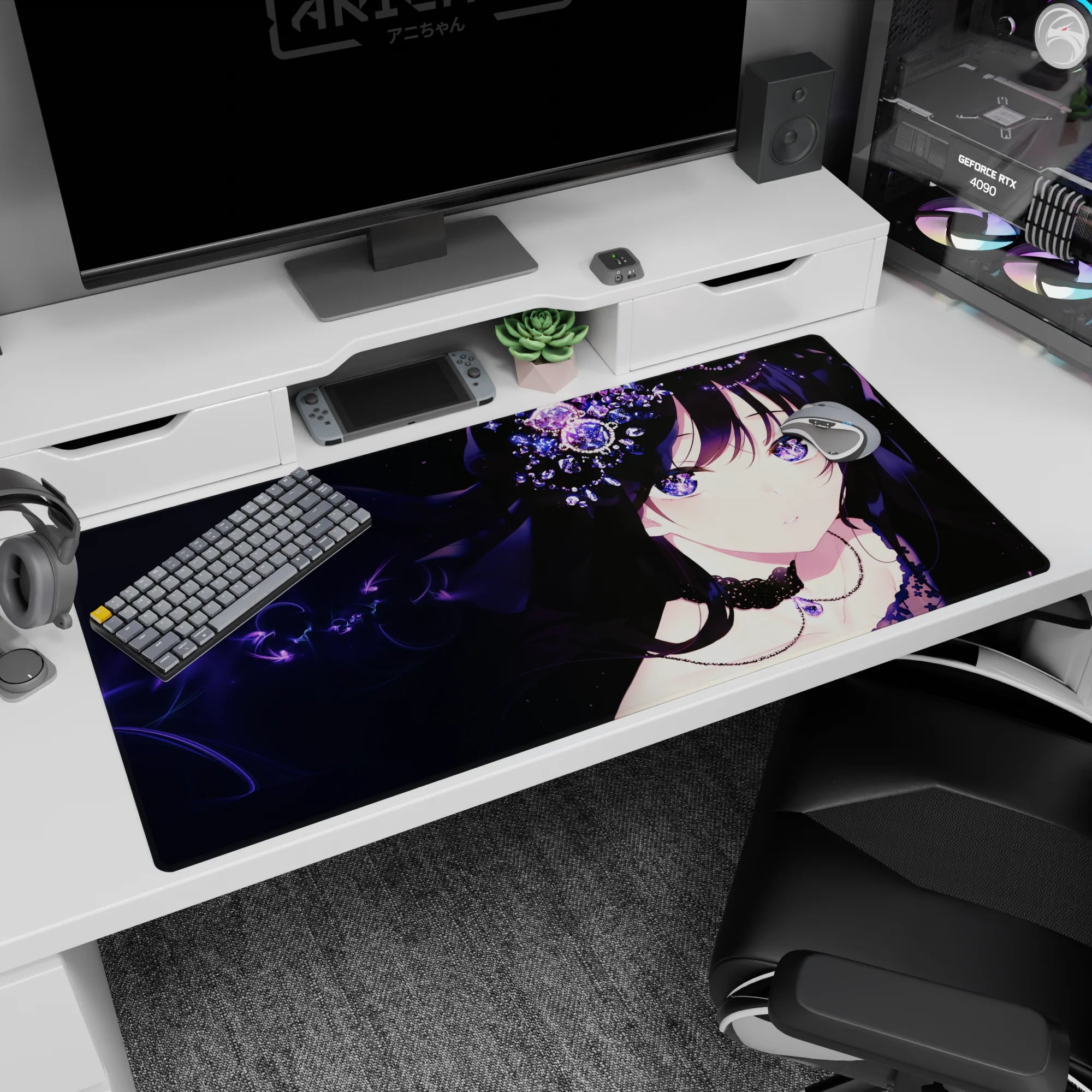 Mysterious dark-haired anime girl with violet eyes beside crystal blooms on desk pad 40x20 inches.