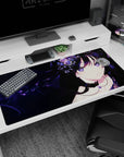 Mysterious dark-haired anime girl with violet eyes beside crystal blooms on desk pad 40x20 inches.