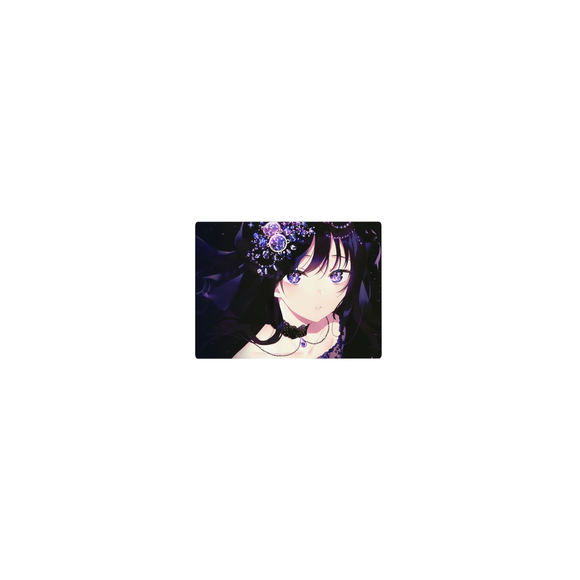 Classic anime girl mouse pad 14x10 inches with dark-haired heroine, lace outfit, and crystal flowers.
