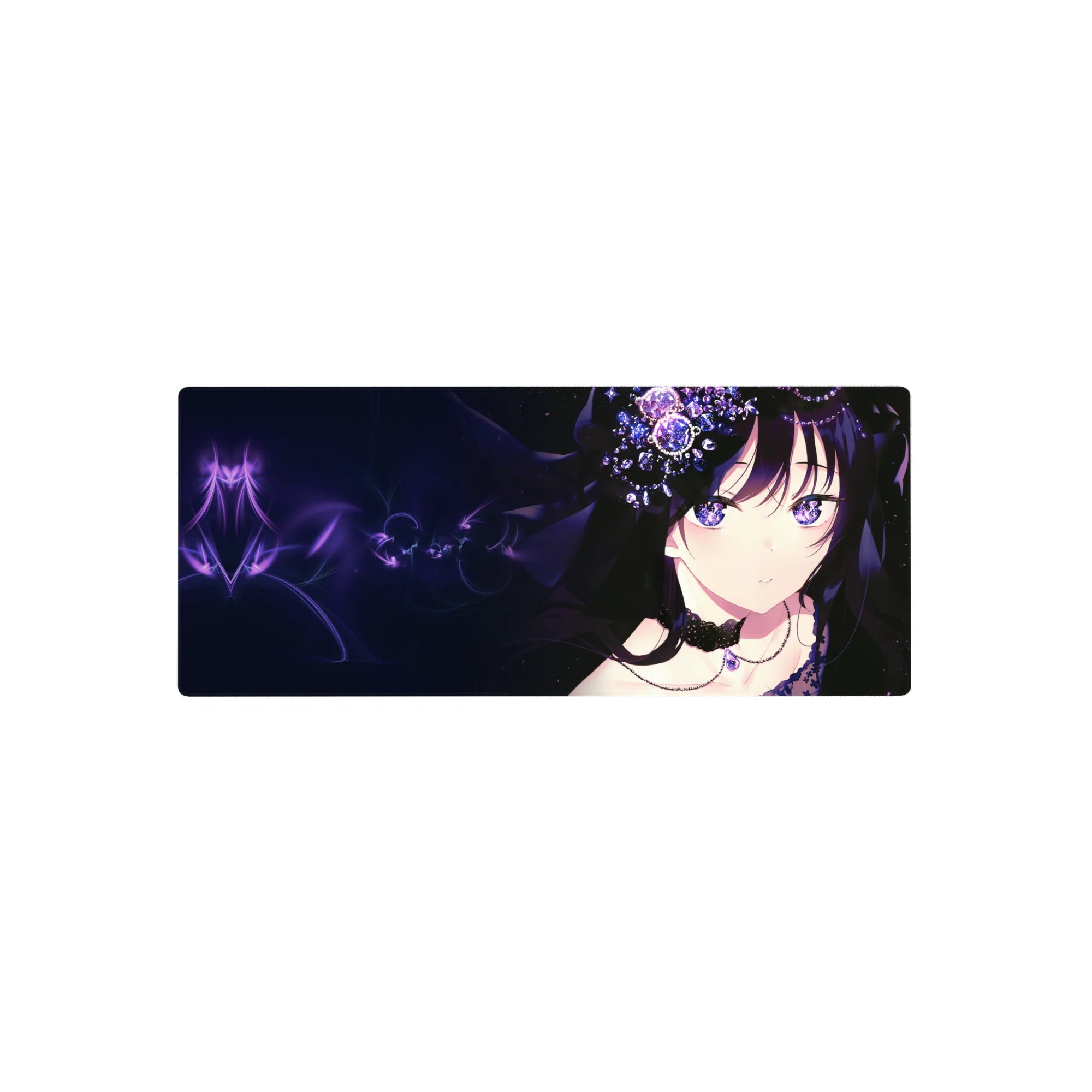 28x12 inches anime girl mouse pad with dark-haired heroine, black lace, and crystal flower details.