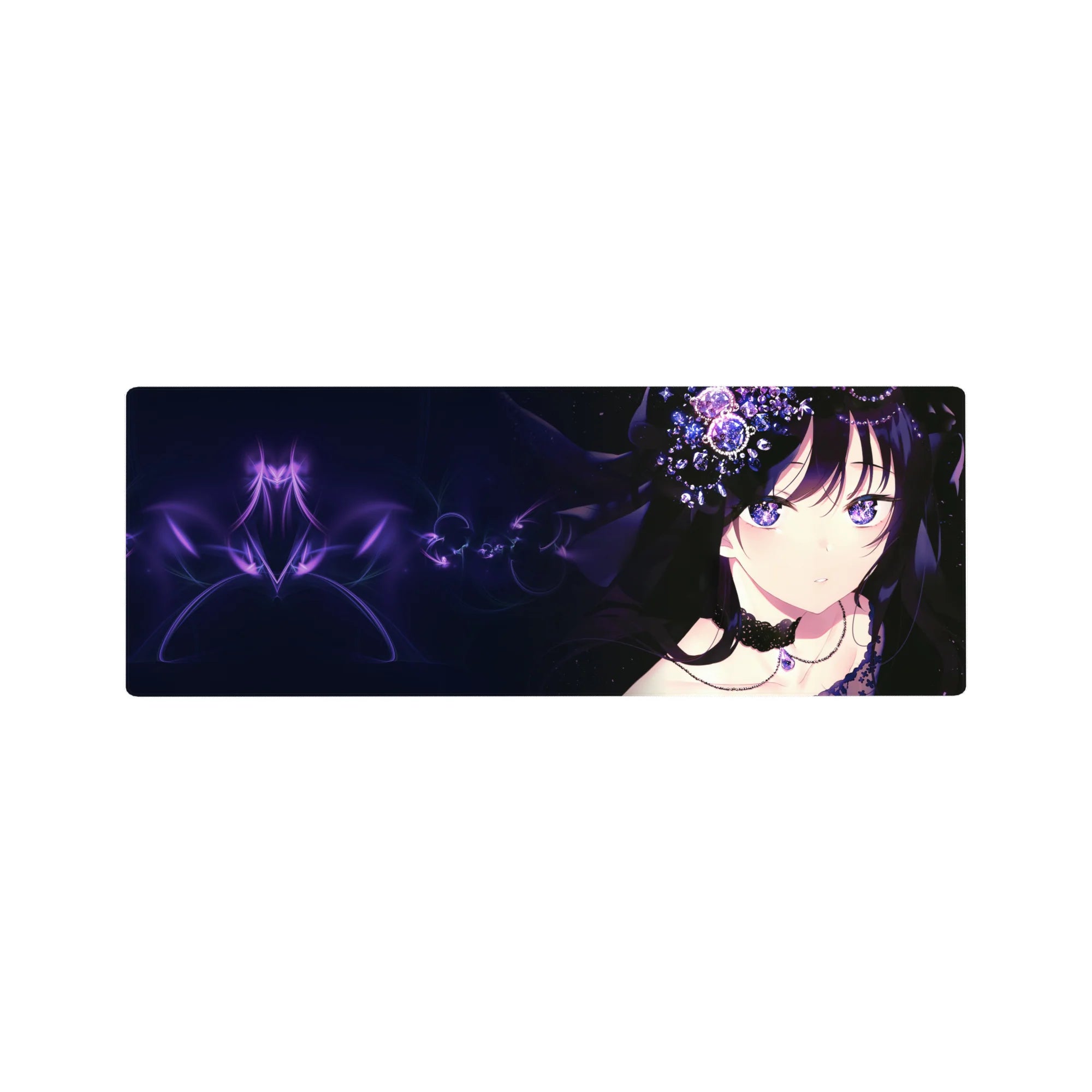 Anime girl mouse pad 32x12 inches with dark-haired heroine, lace details, and crystal flowers.