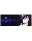 Anime girl mouse pad 32x12 inches with dark-haired heroine, lace details, and crystal flowers.