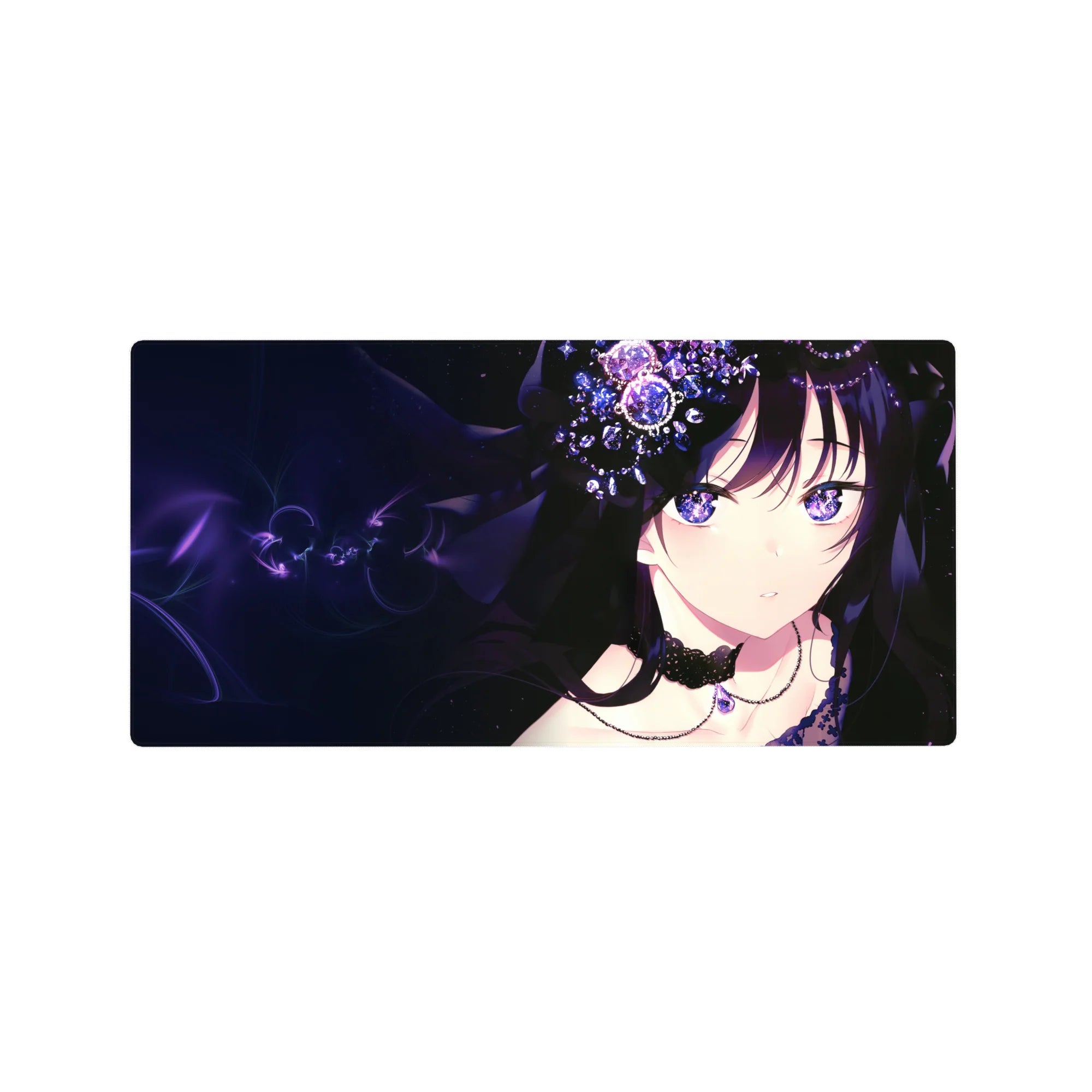 Anime girl mouse pad 32x16 inches with dark-haired heroine, black lace, and crystal flowers.