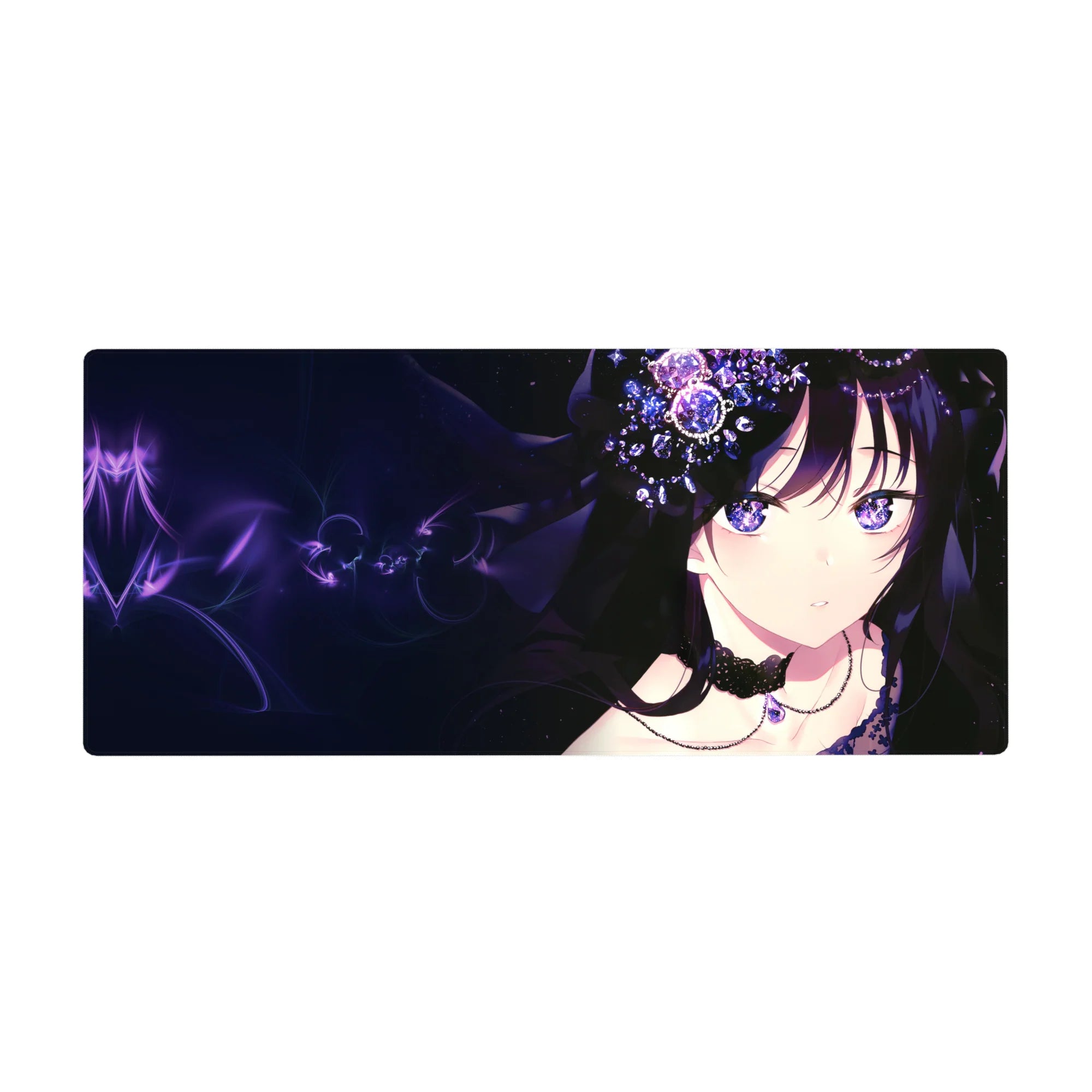 Anime girl desk pad 36x16 inches with dark-haired heroine, black lace, and crystal flower accents.