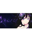 Anime girl desk pad 36x16 inches with dark-haired heroine, black lace, and crystal flower accents.