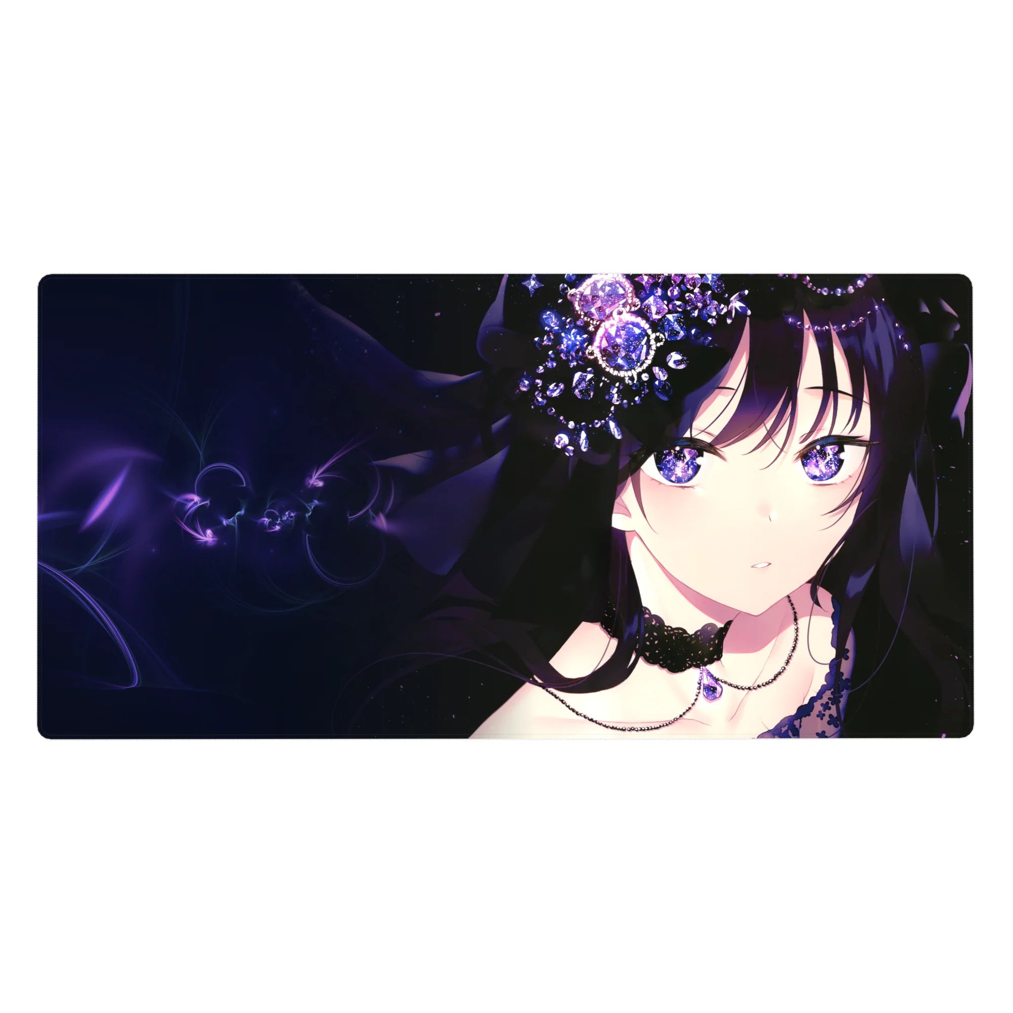 Anime girl desk pad 40x20 inches with dark-haired heroine, black lace, and sparkling crystal flowers.
