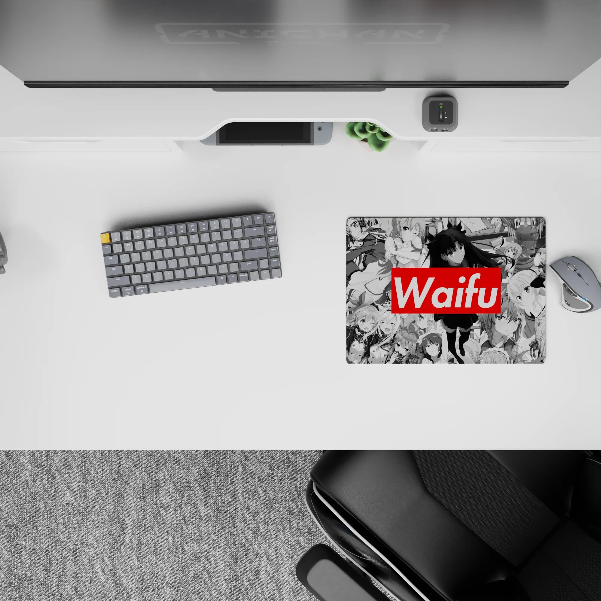 14x10 inches classic anime girl mouse pad in cozy grayscale tones with crisp manga shading and a candy-red Waifu pop.