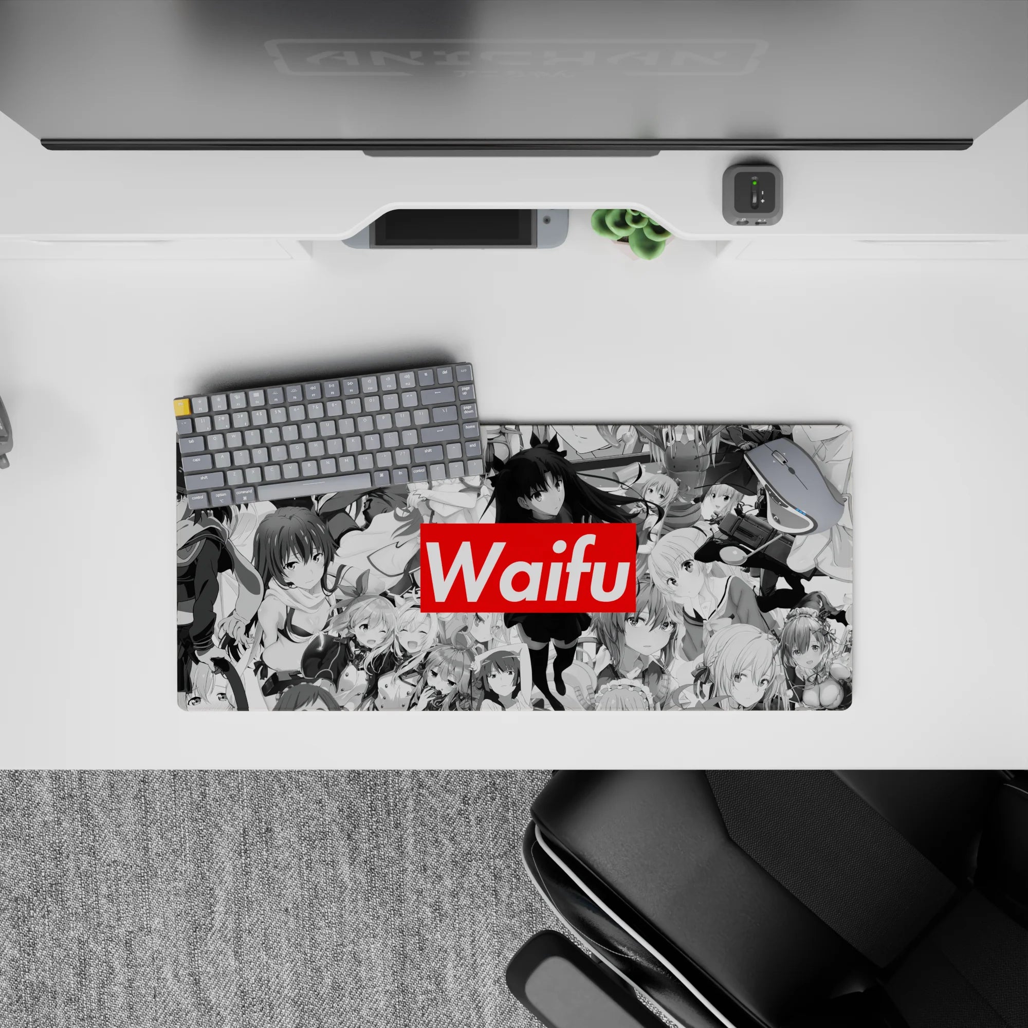 28x12 inches anime girl mouse pad in cozy grayscale manga style, crisp edge-to-edge, with red Waifu pop.