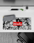 28x12 inches anime girl mouse pad in cozy grayscale manga style, crisp edge-to-edge, with red Waifu pop.