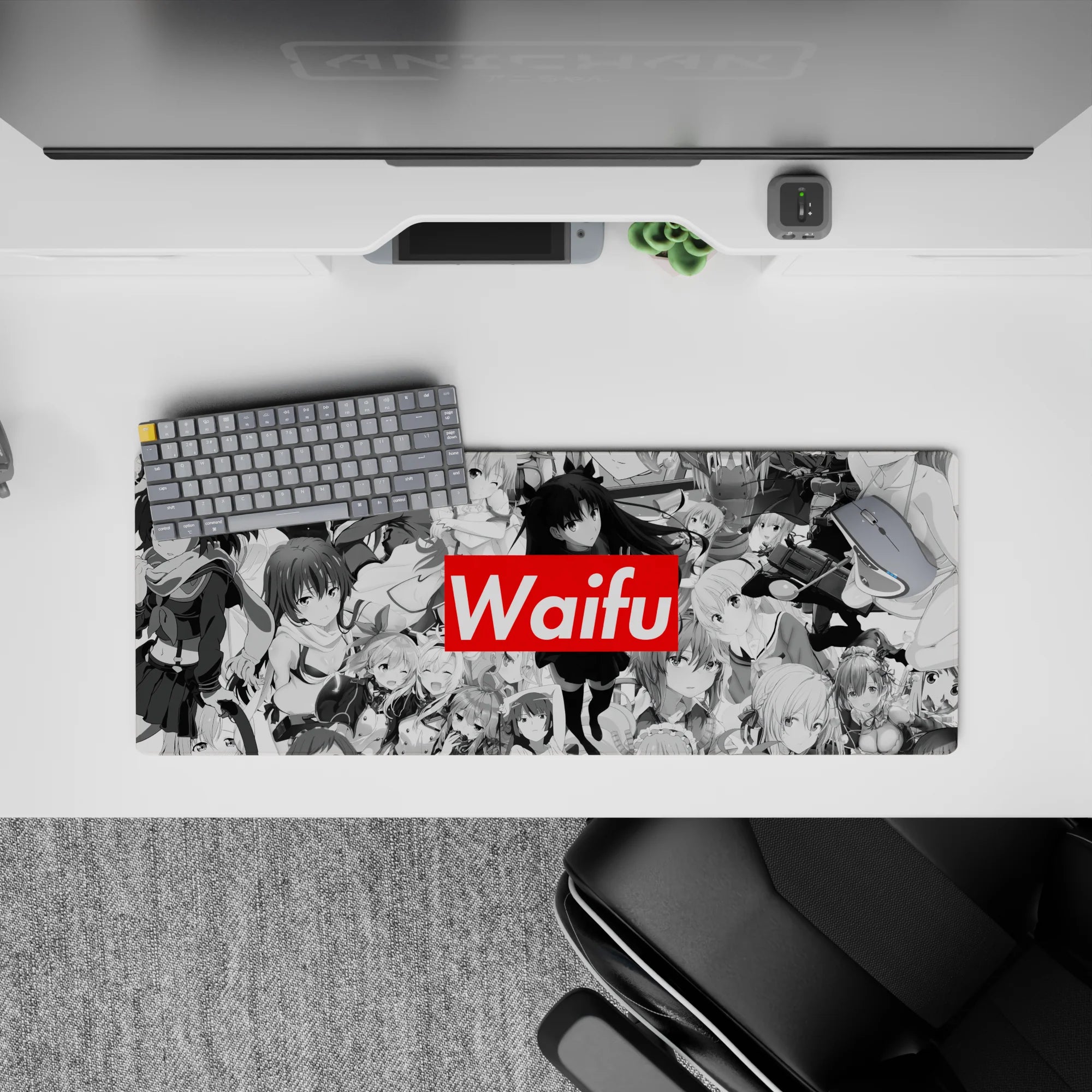 32x12 inches desk mouse pad in black-and-white manga style, cozy collector vibe with a candy-red Waifu block.
