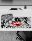 32x12 inches desk mouse pad in black-and-white manga style, cozy collector vibe with a candy-red Waifu block.