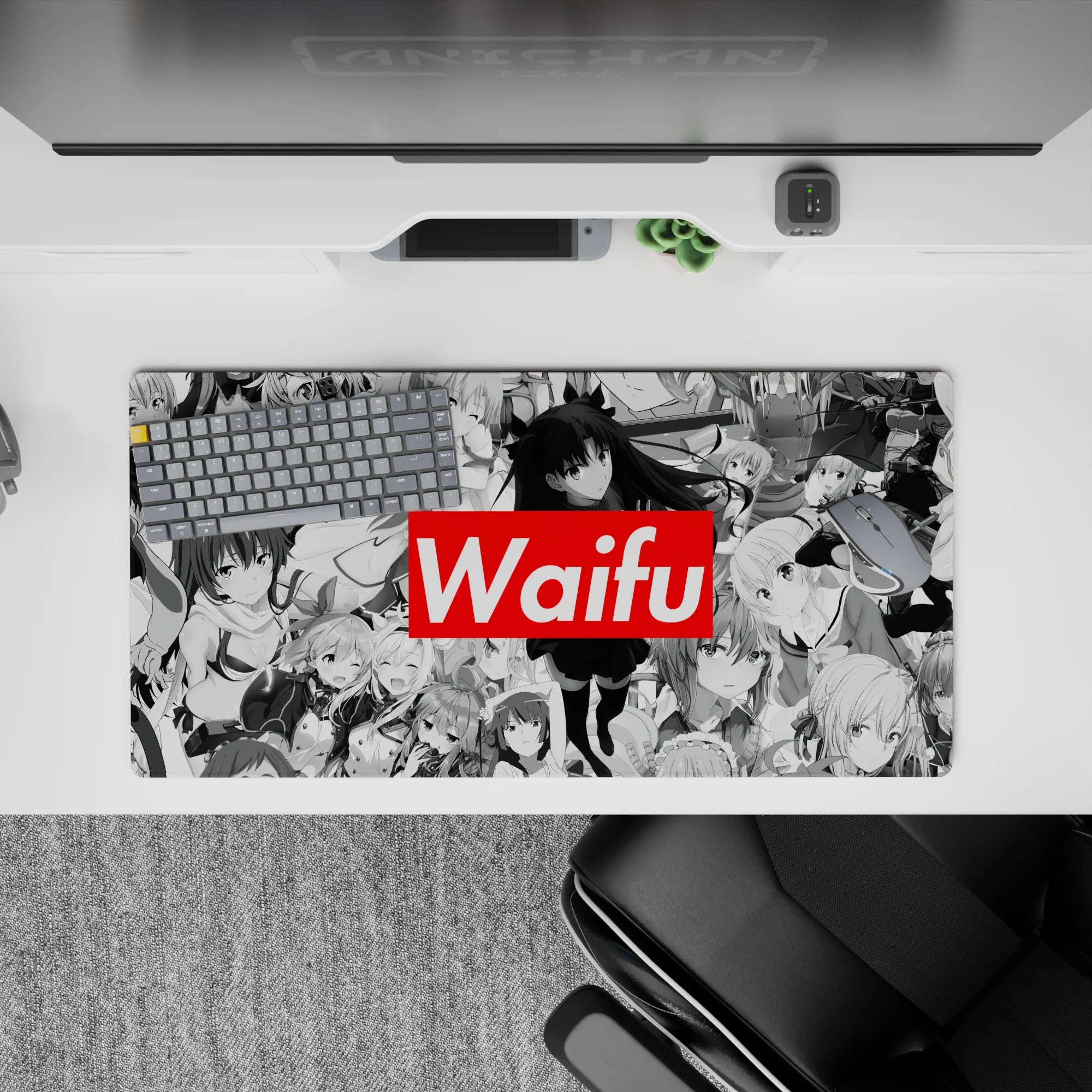 32x16 inches manga-style desk mat in grayscale with crisp line shading and a candy-red Waifu pop.