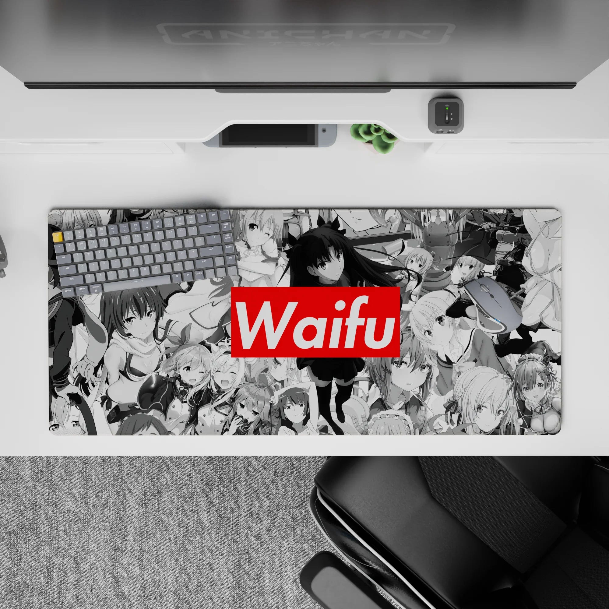 36x16 inches anime girl mouse pad in cozy grayscale manga style with a candy-red Waifu banner.
