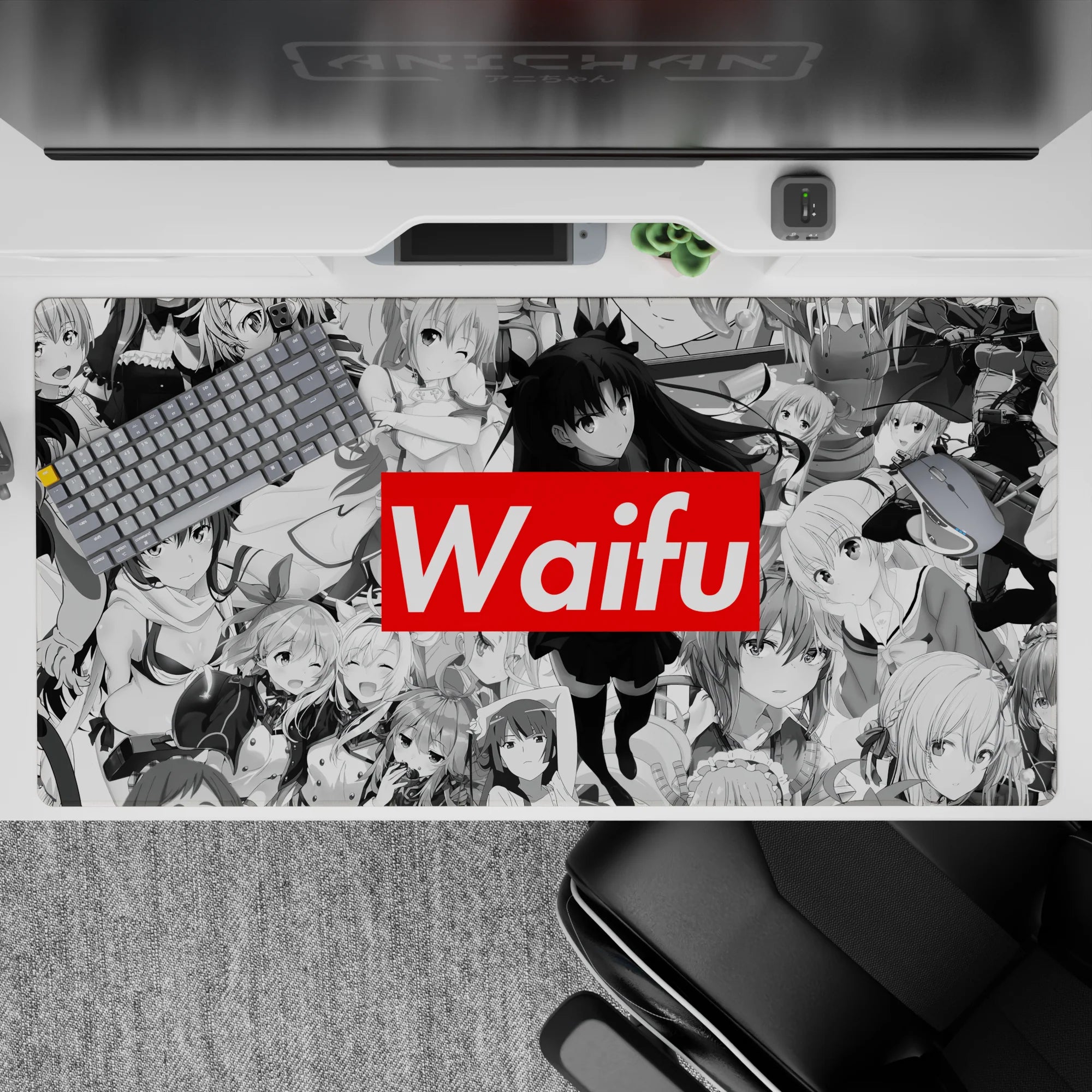 40x20 inches anime girl mouse pad in cozy grayscale manga layers with a candy-red Waifu pop.