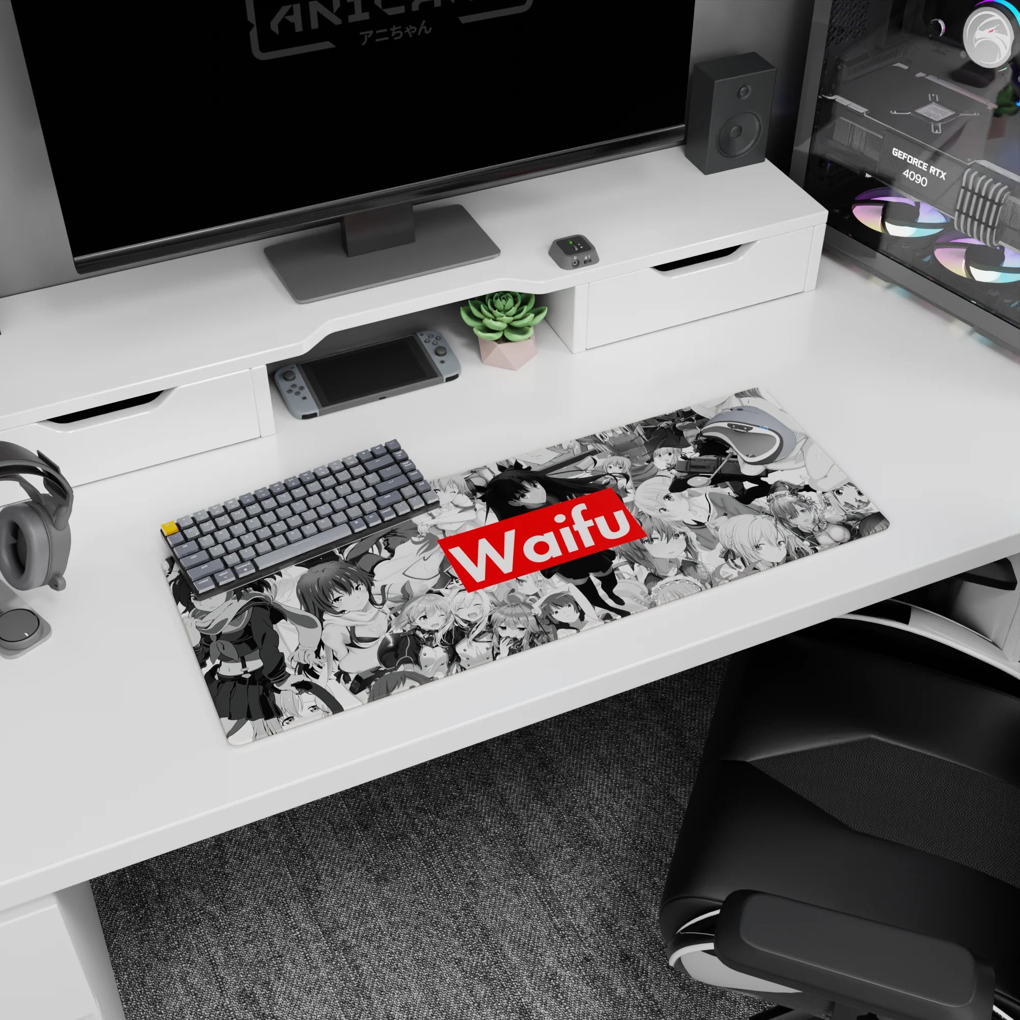 32x12 inches extended anime mouse pad showing multiple flirty heroines in layered grayscale panels under red Waifu.