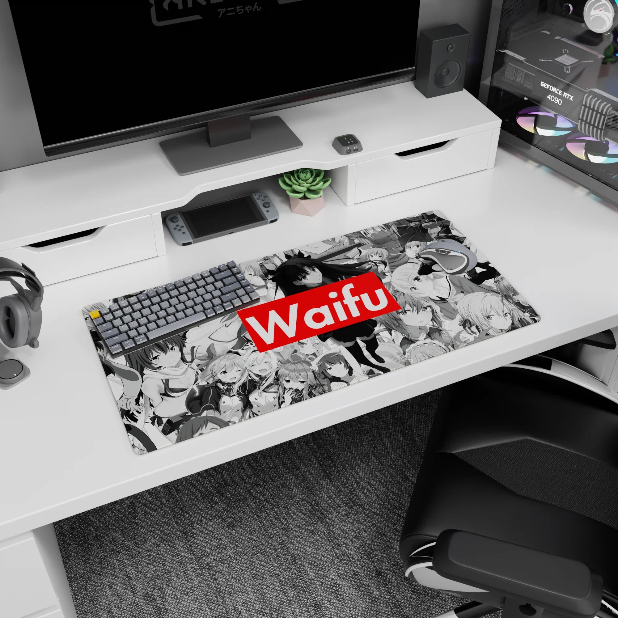 32x16 inches anime girl mouse pad featuring flirty poses in a busy manga collage with red Waifu banner.