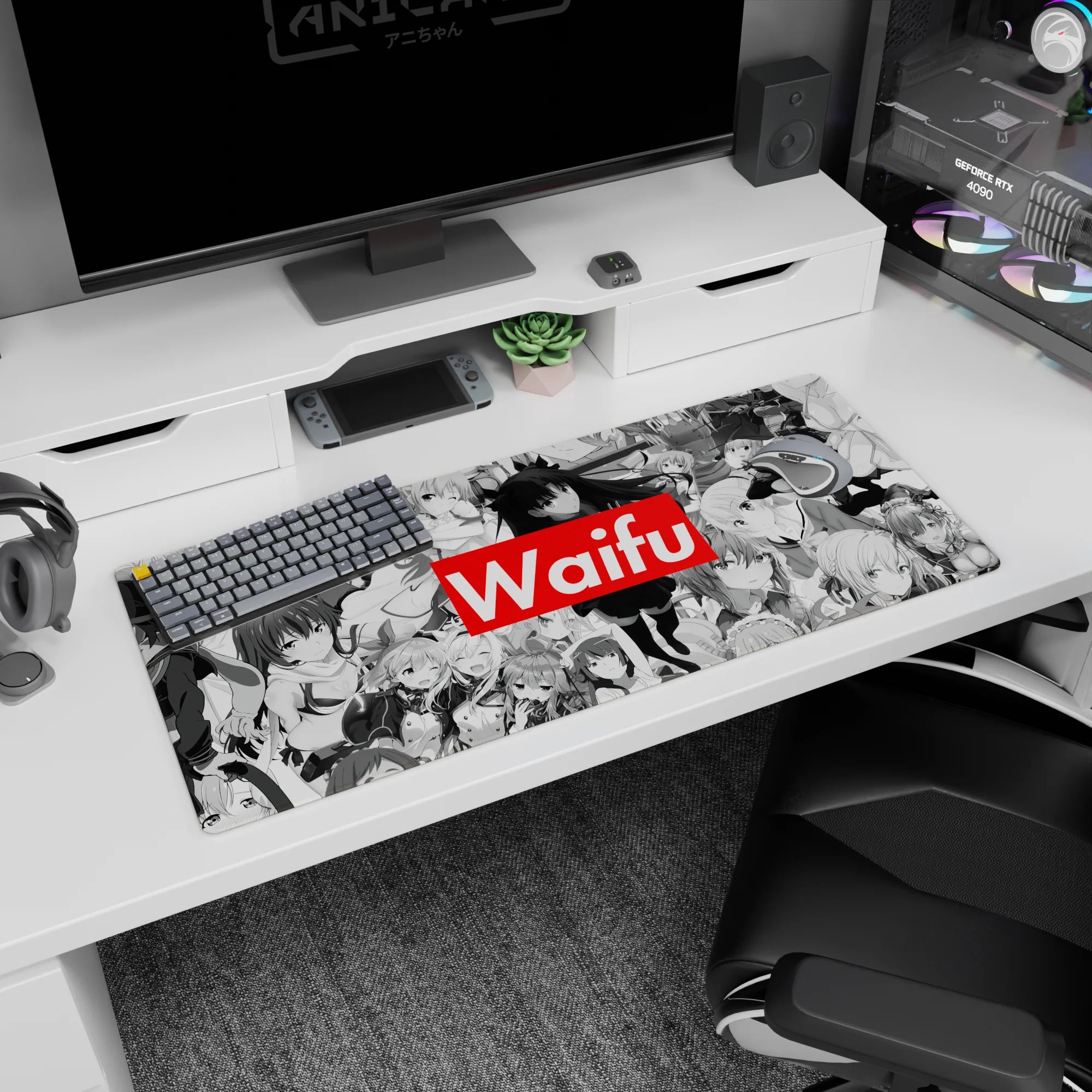 36x16 inches desk pad showing multiple flirty anime heroines layered in fine-line manga panels.