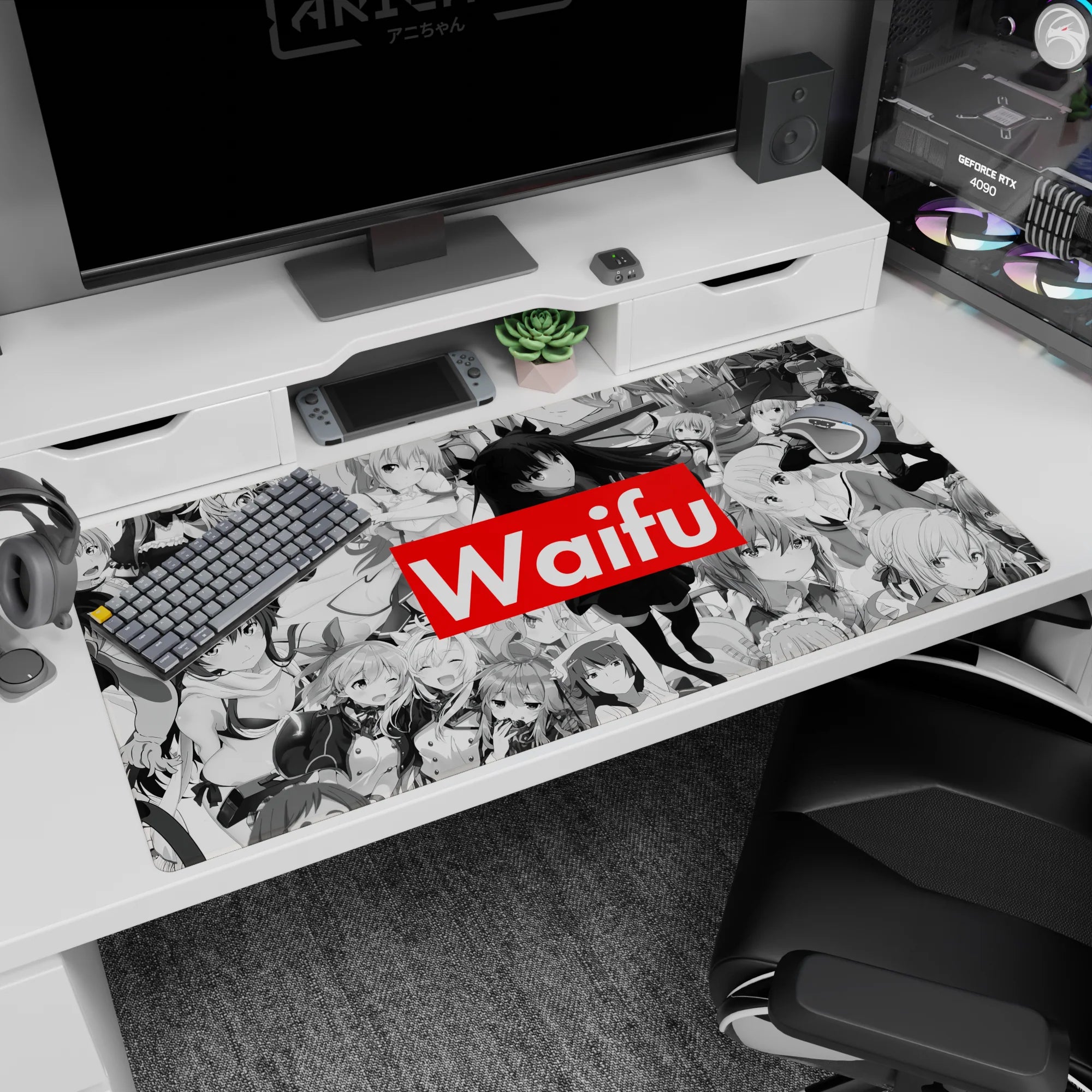 40x20 inches desk pad featuring flirty anime heroines in fine-line shading and busy manga collage.