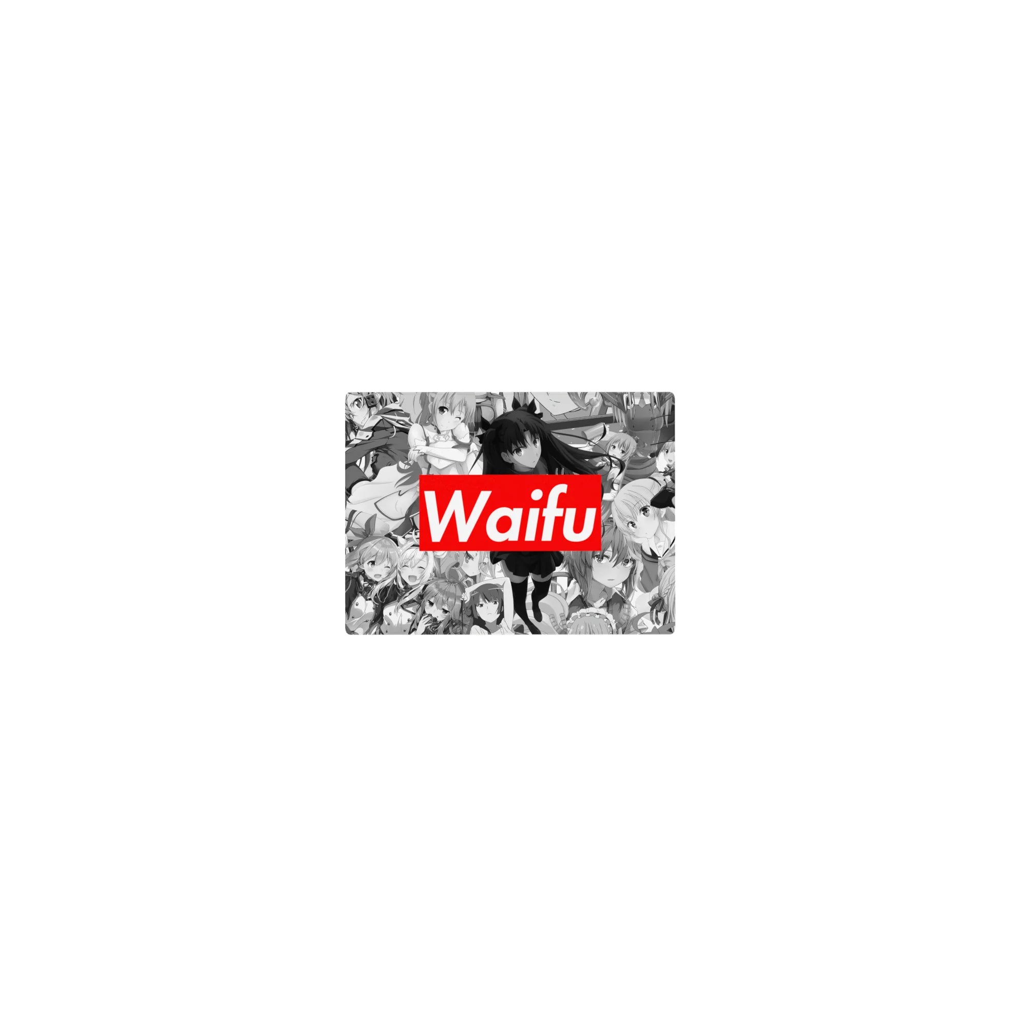 14x10 inches classic anime girl mouse pad with grayscale heroine collage and bold red Waifu title block.