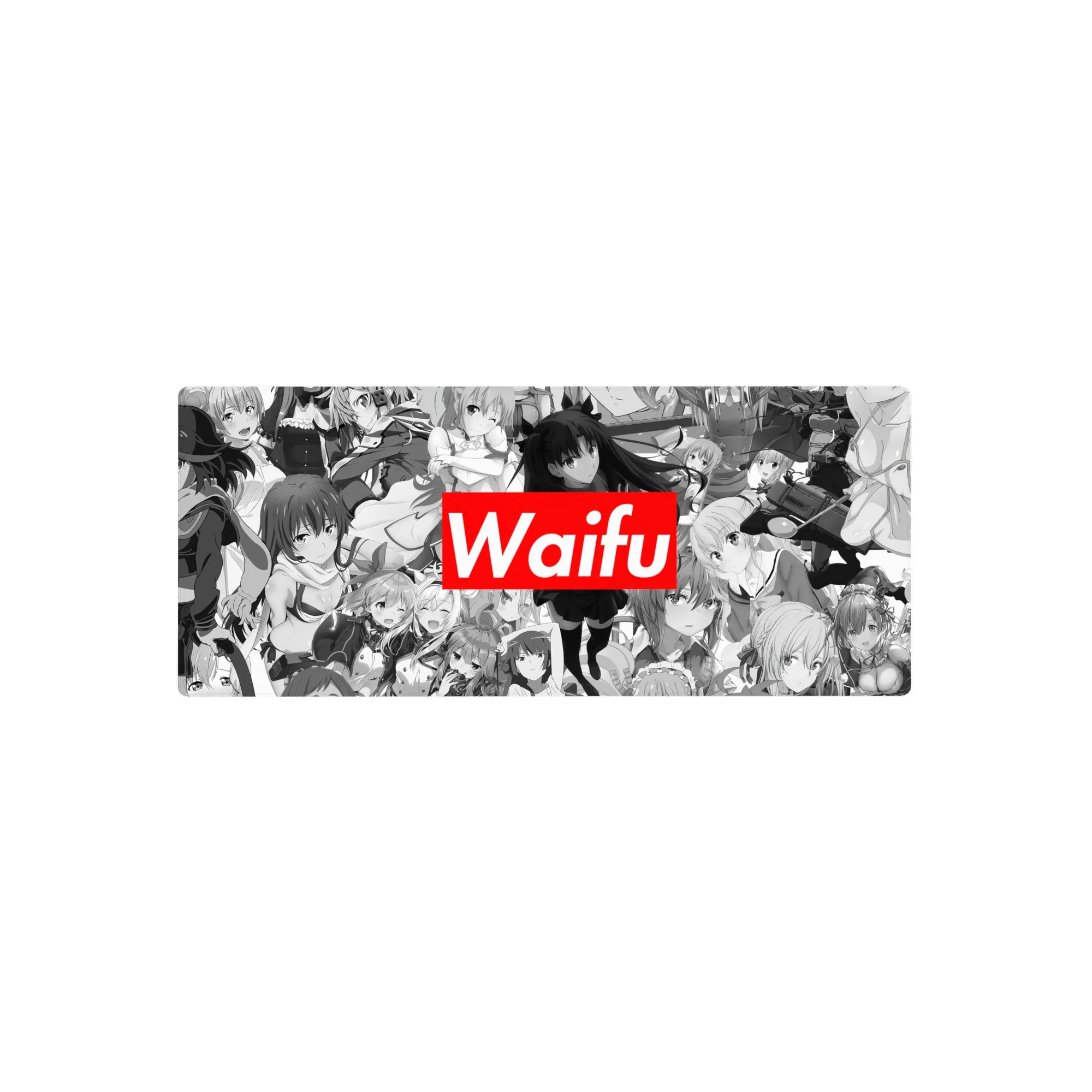 28x12 inches anime girl mouse pad with grayscale collage of heroines and bold red Waifu title block.