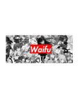 28x12 inches anime girl mouse pad with grayscale collage of heroines and bold red Waifu title block.