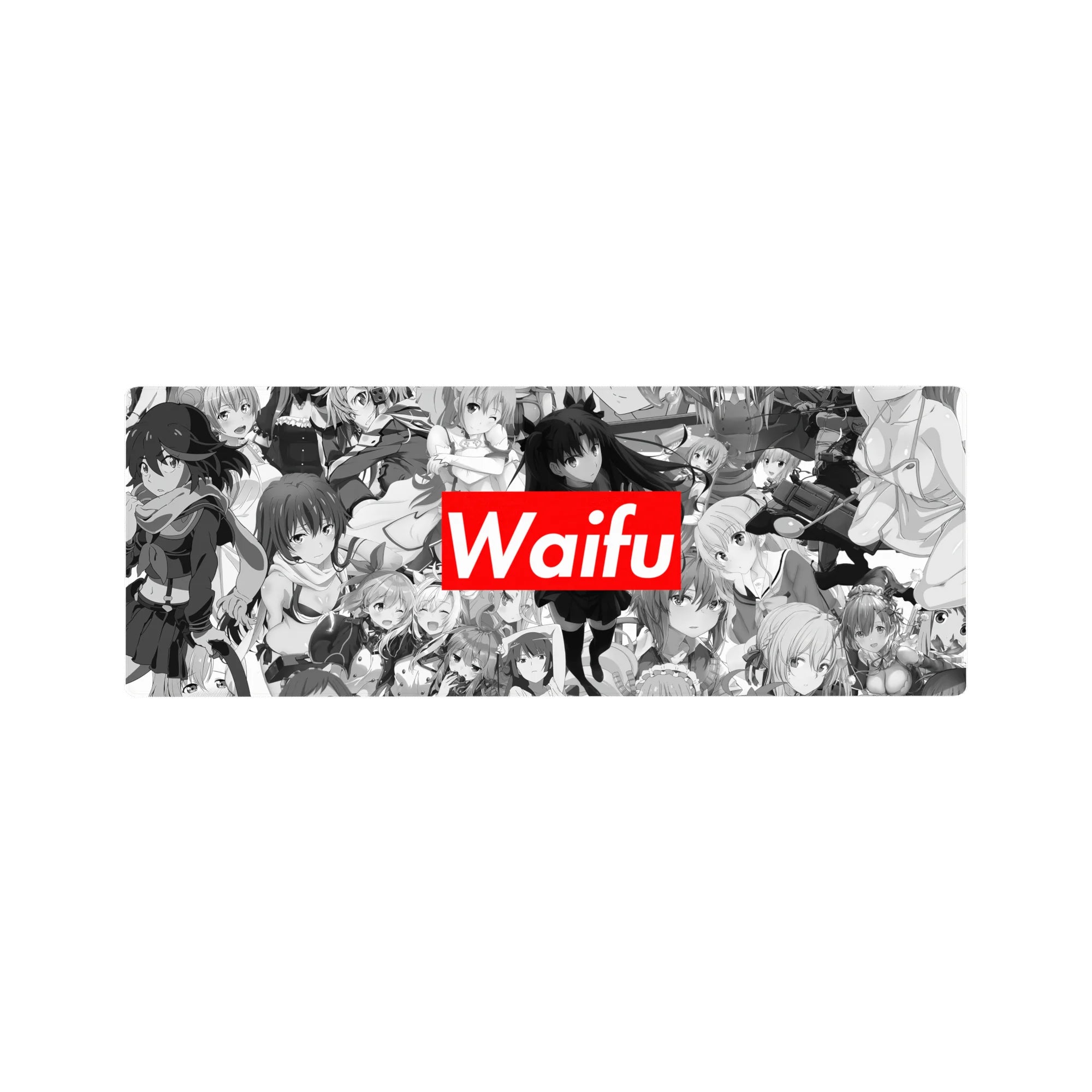 32x12 inches anime girl mouse pad with grayscale heroine collage and bold red Waifu title across the top.