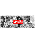 32x12 inches anime girl mouse pad with grayscale heroine collage and bold red Waifu title across the top.