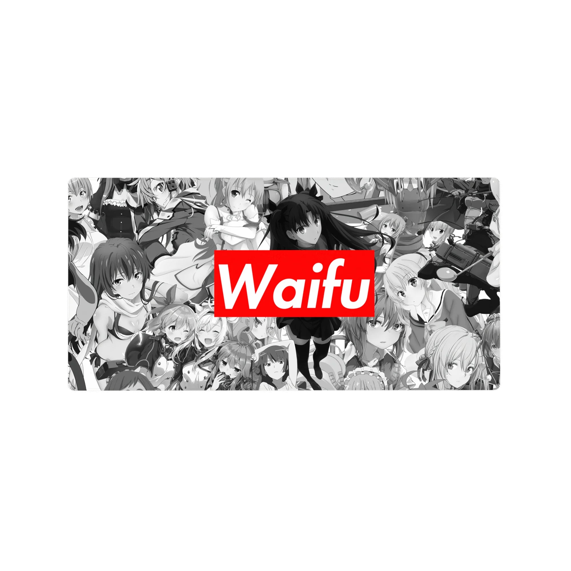 32x16 inches anime girl mouse pad with grayscale collage of heroines and bold red Waifu title block.