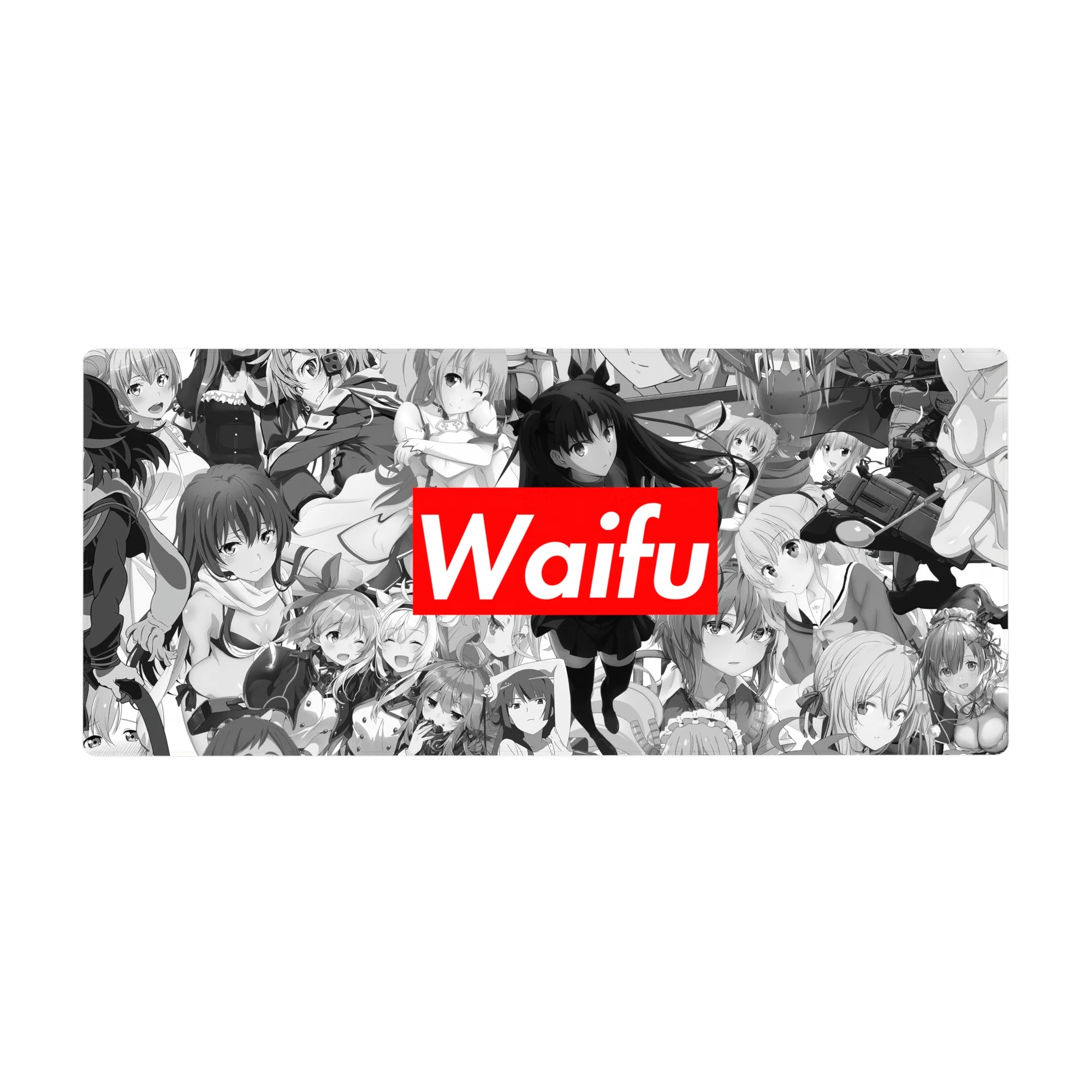 36x16 inches anime girl desk pad with grayscale collage heroines and bold red Waifu title block.