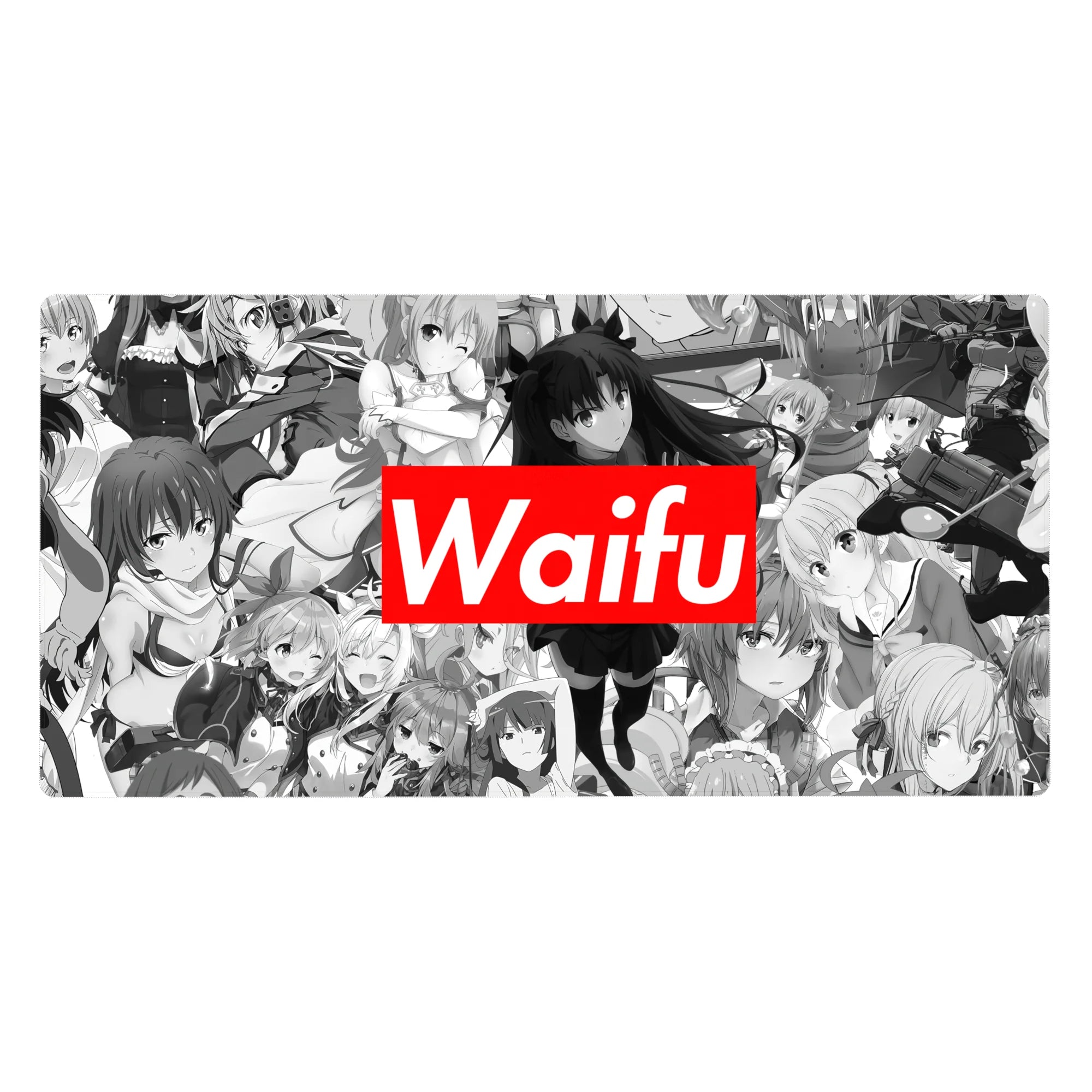 40x20 inches anime girl desk pad with grayscale collage of heroines and bold red Waifu title.