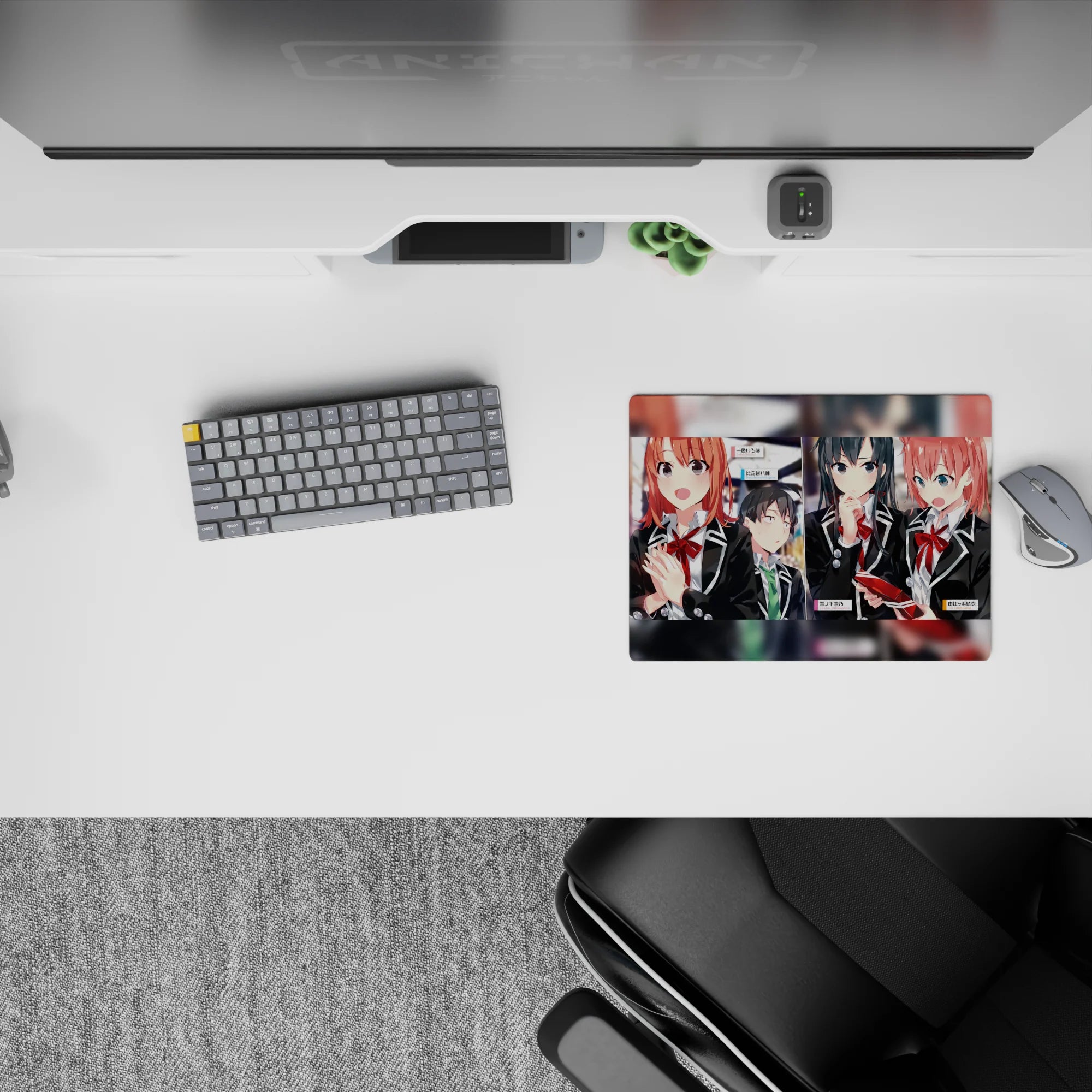 Anime girl mouse pad 14x10 inches in warm tones with glossy reds, black blazers, and a soft hallway blur.