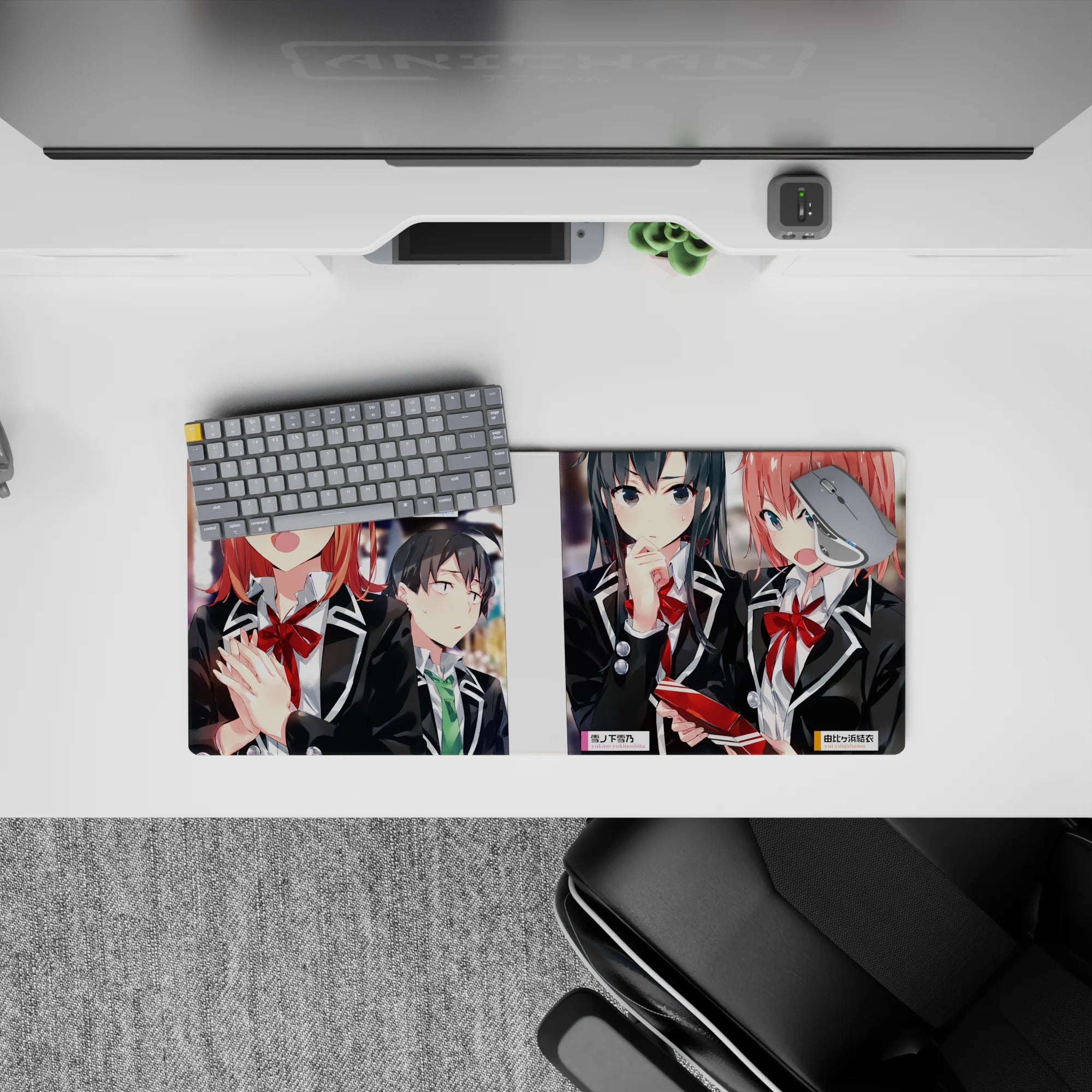 28x12 inches anime girl mouse pad with black blazers, warm skin tones, glossy reds, soft hallway blur.