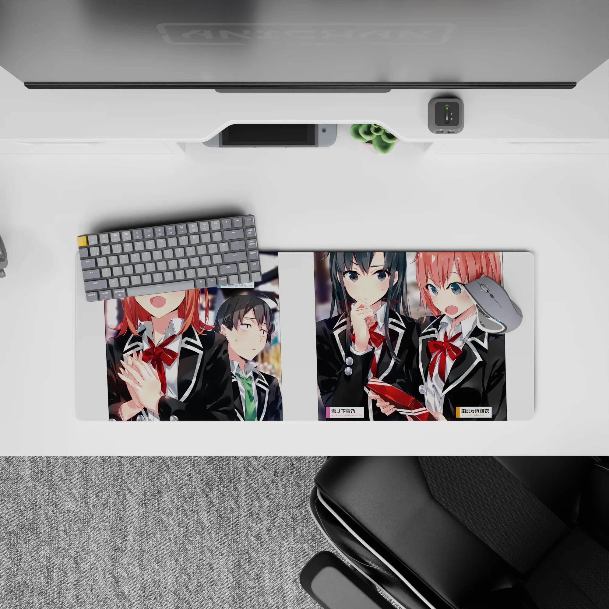 32x12 inches anime girl mouse pad with crisp black blazers, glossy red accents, warm tones, soft hallway blur.