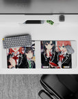 32x12 inches anime girl mouse pad with crisp black blazers, glossy red accents, warm tones, soft hallway blur.