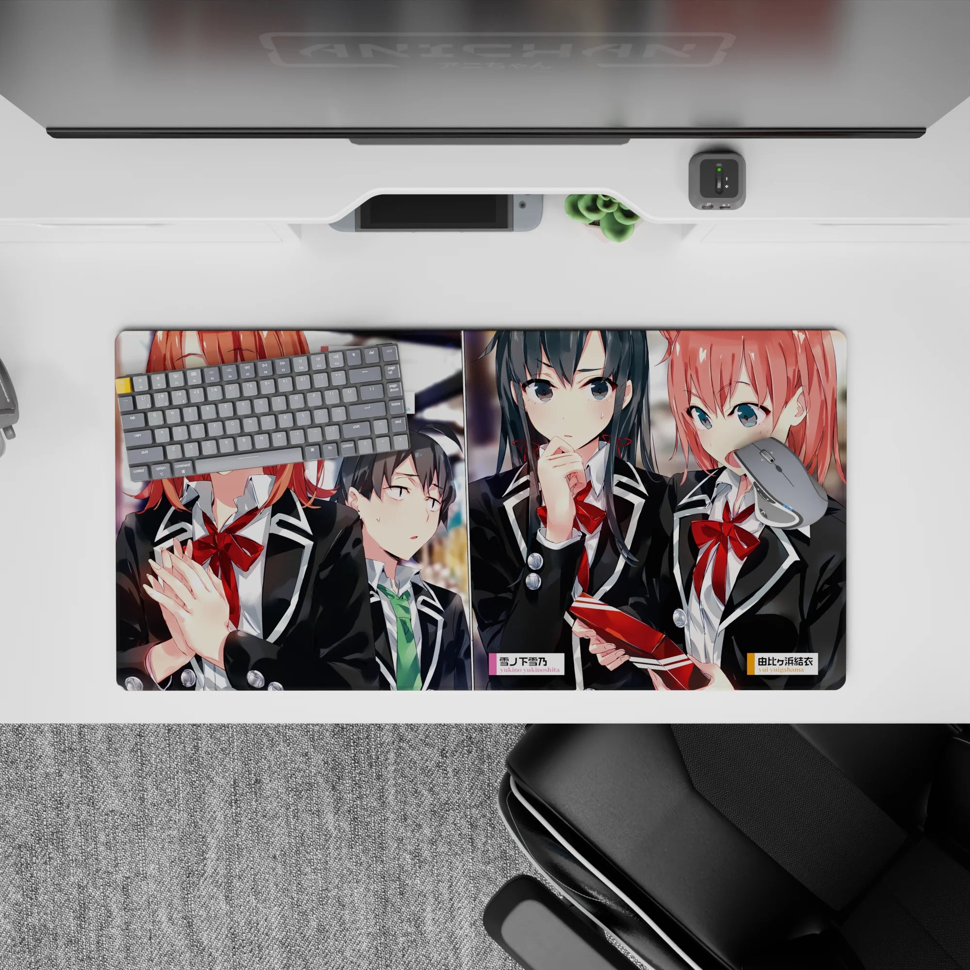 Anime girl mouse pad 32x16 inches with black blazers, warm skin tones, glossy reds, and soft hallway blur.