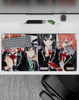 Anime girl mouse pad 32x16 inches with black blazers, warm skin tones, glossy reds, and soft hallway blur.