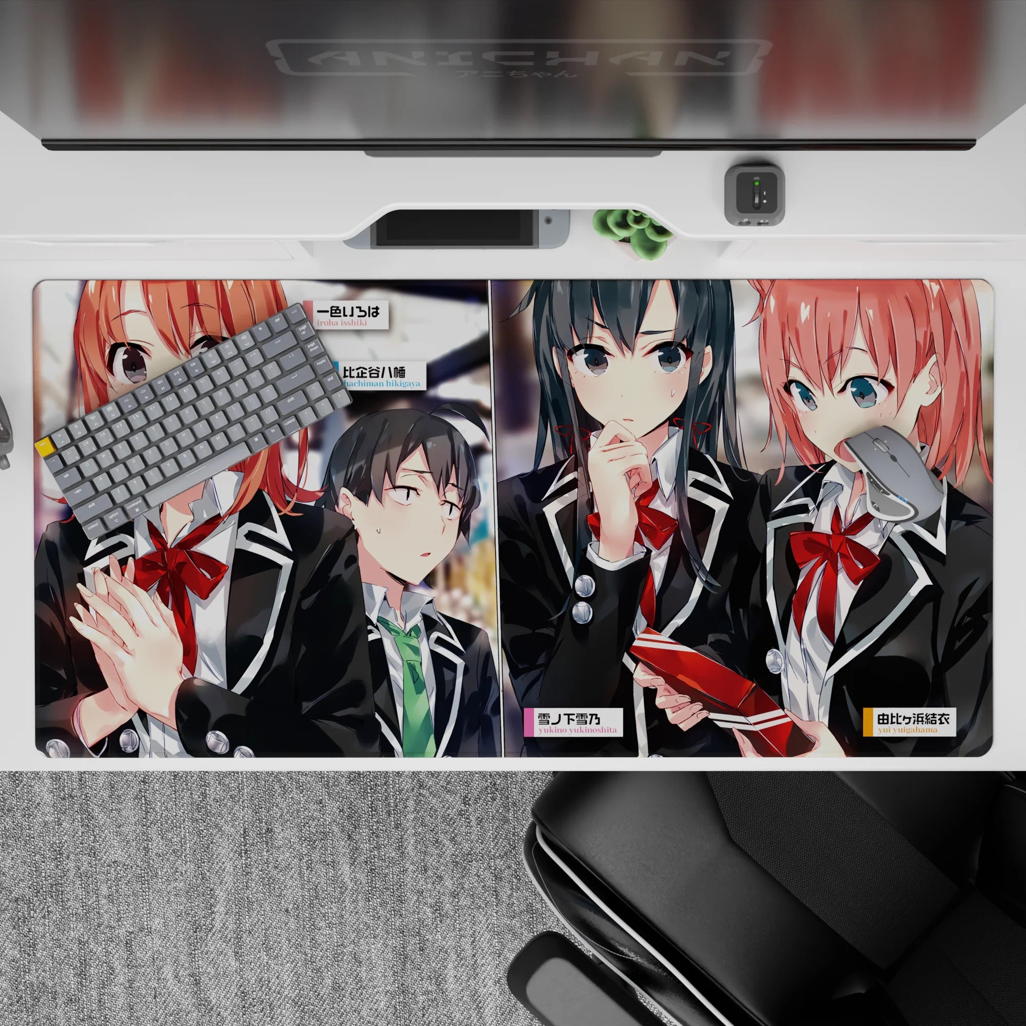 40x20 inches anime girl desk pad with crisp black blazers, warm tones, glossy reds, soft hallway blur.