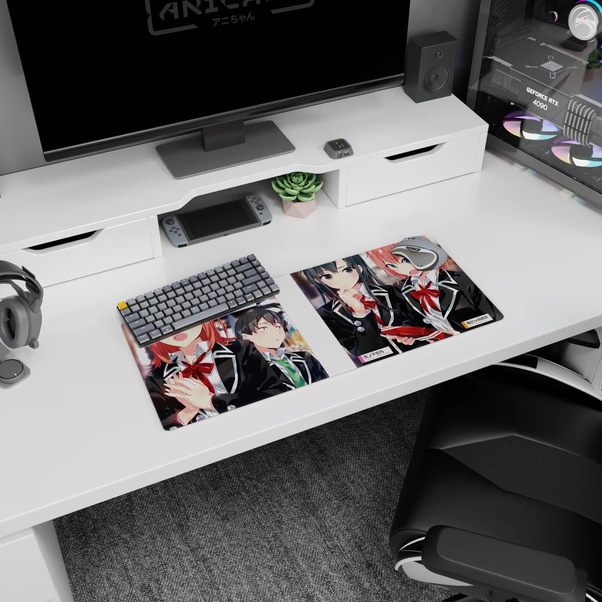 28x12 inches anime girl mouse pad featuring Hachiman, Yukino, and Yui in a serious-cute hallway scene.